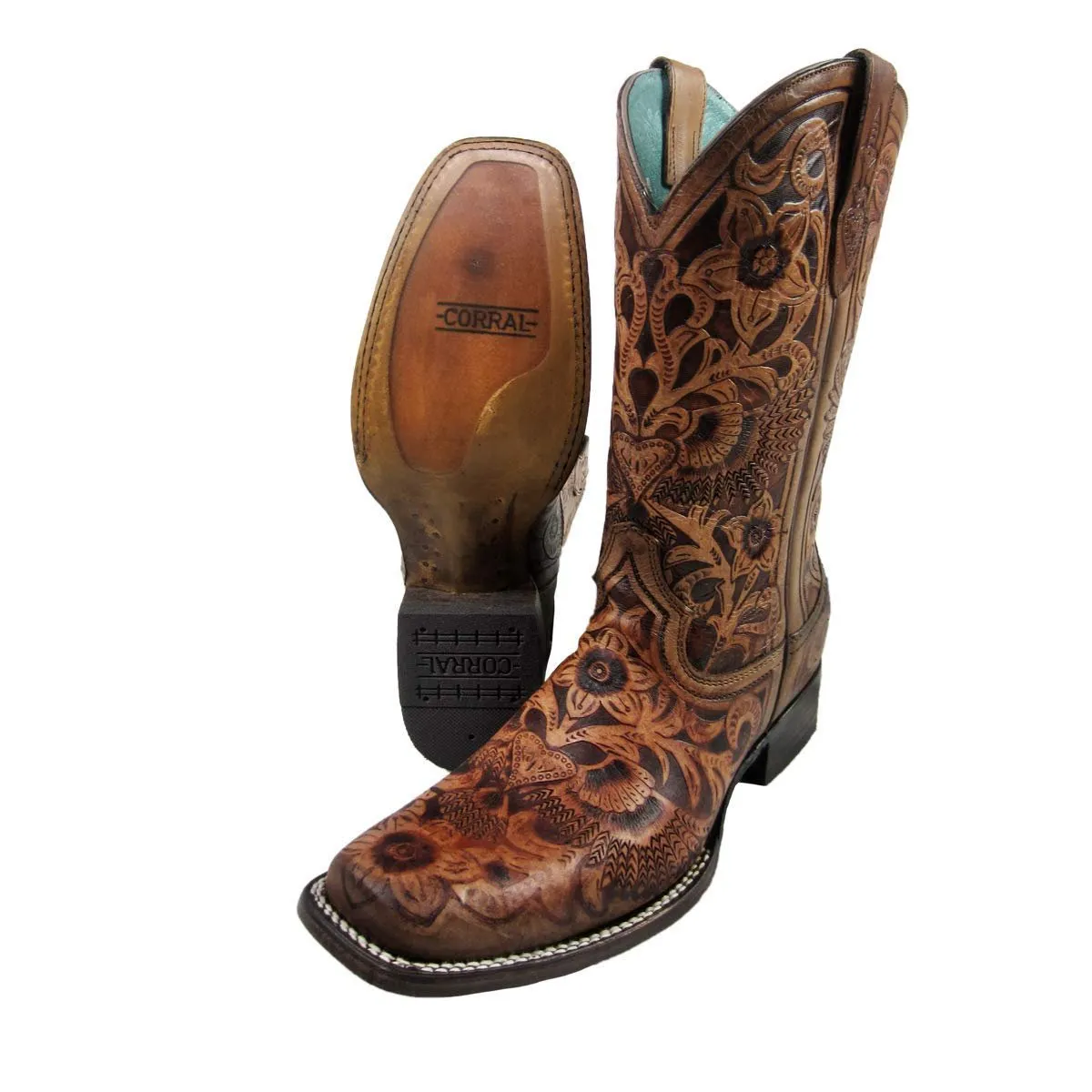 Corral Women's Leather Heart and Wings Tooled Square Toe Boots - C3364