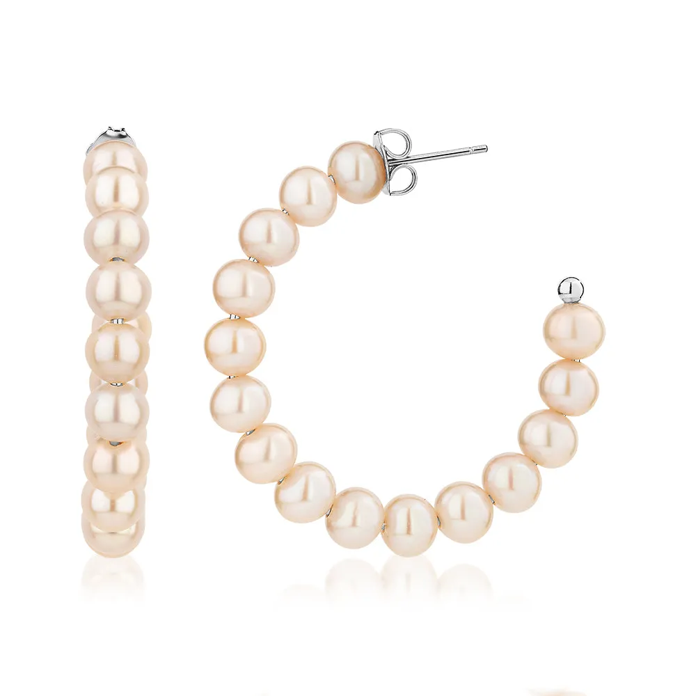Cultured freshwater pearl hoop earrings in sterling silver
