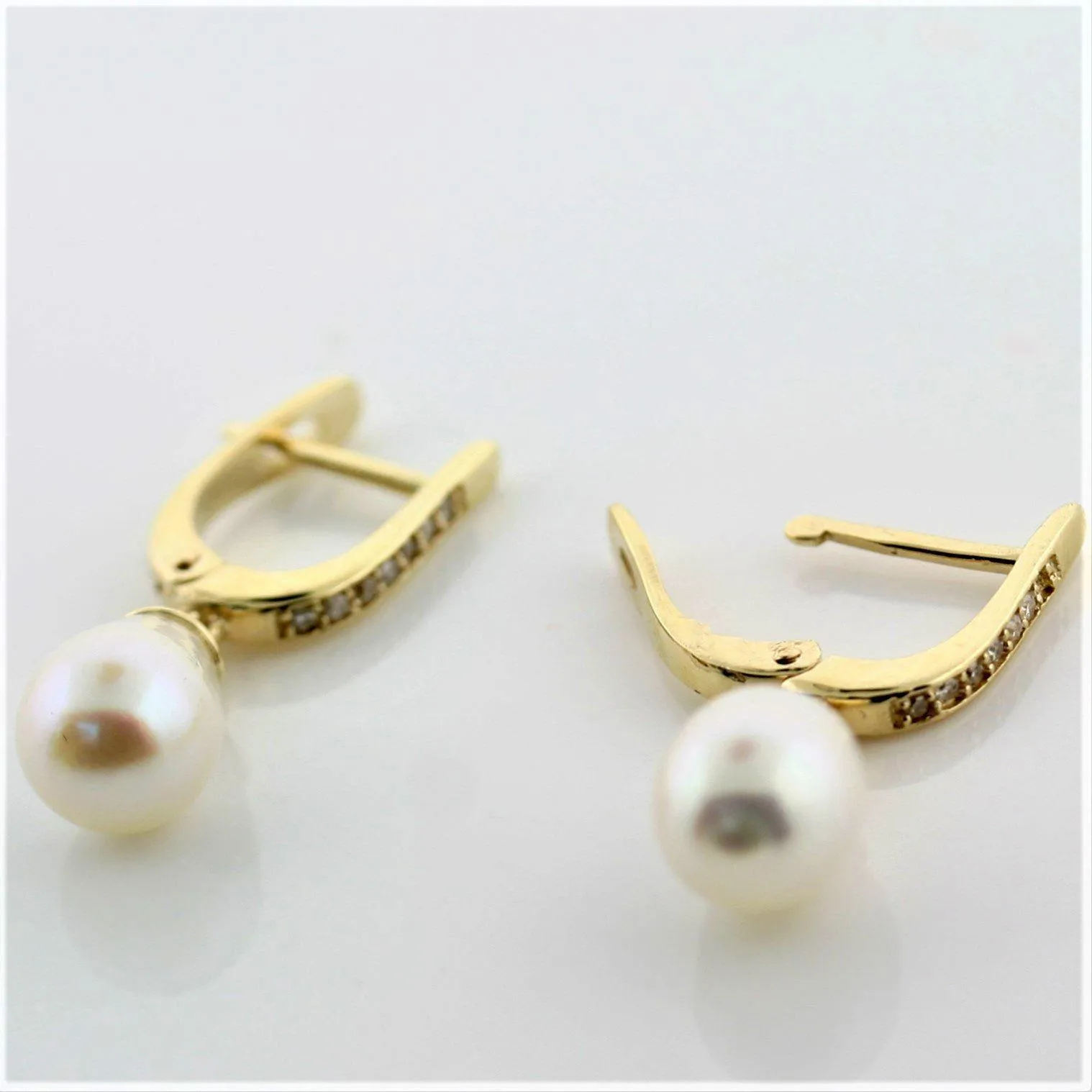 Cultured Pearl and Diamond Drop Earrings 14K Yellow Gold