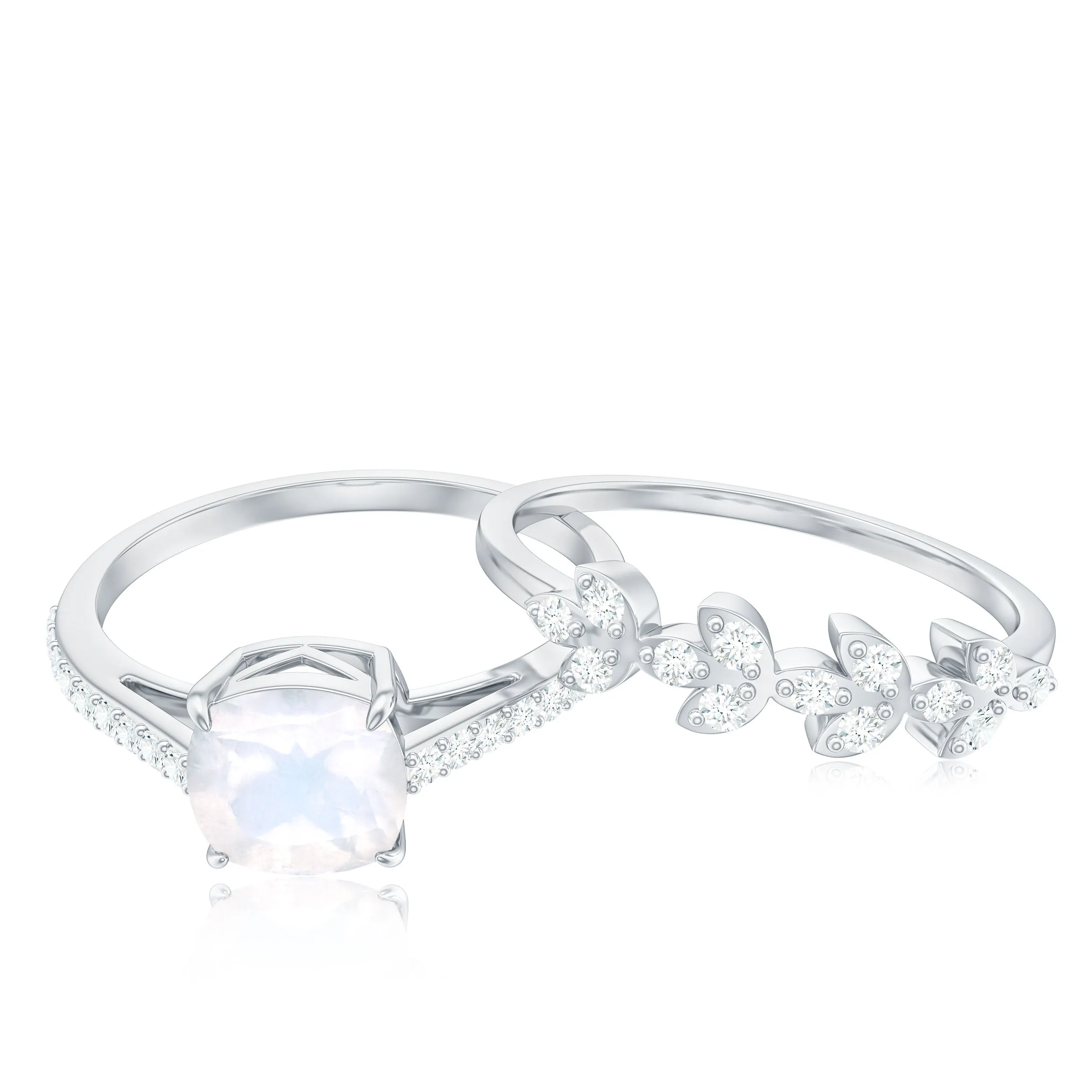 Cushion Cut Moonstone Stackable Ring Set with Diamond