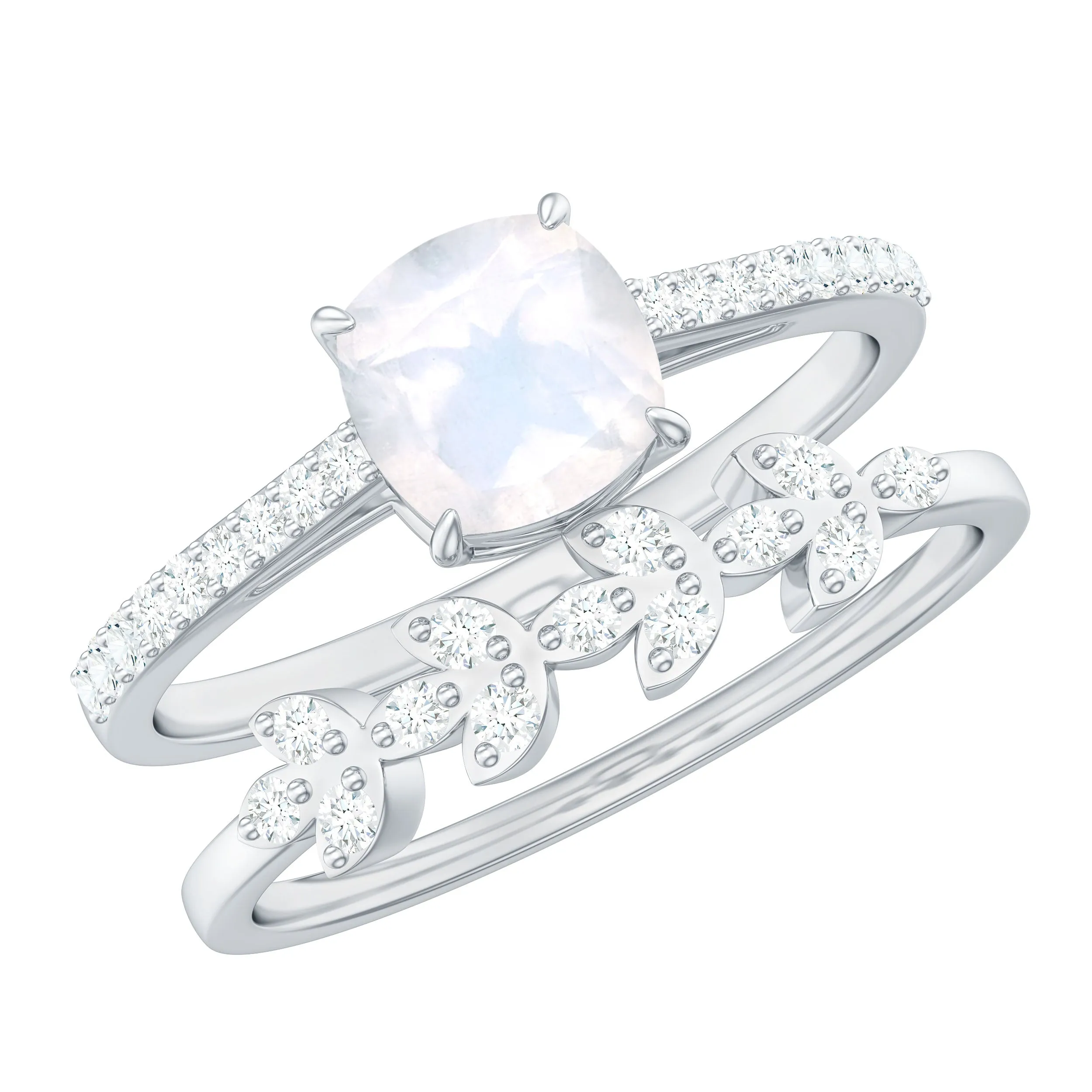 Cushion Cut Moonstone Stackable Ring Set with Diamond
