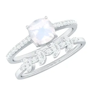 Cushion Cut Moonstone Stackable Ring Set with Diamond