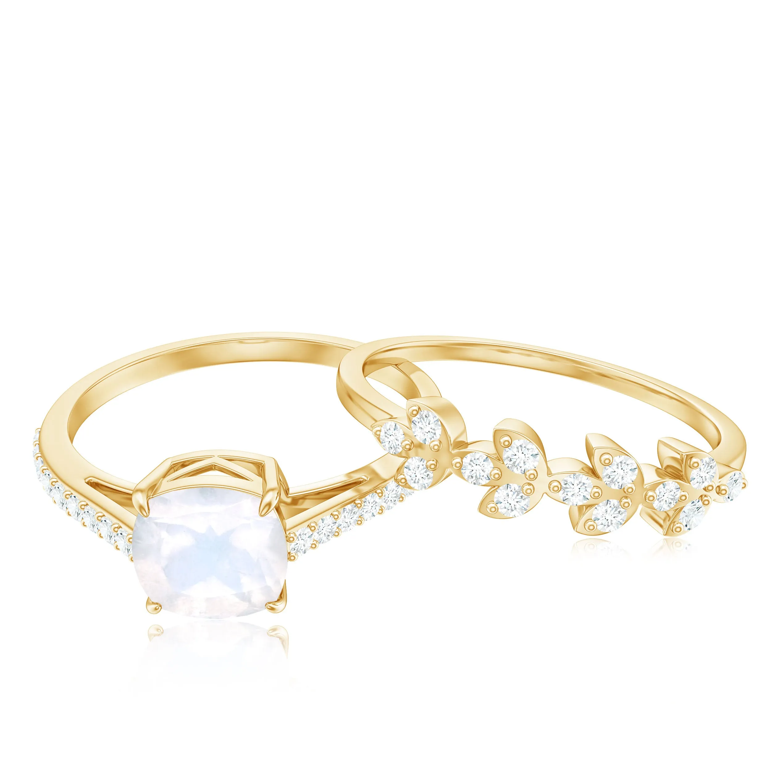Cushion Cut Moonstone Stackable Ring Set with Diamond