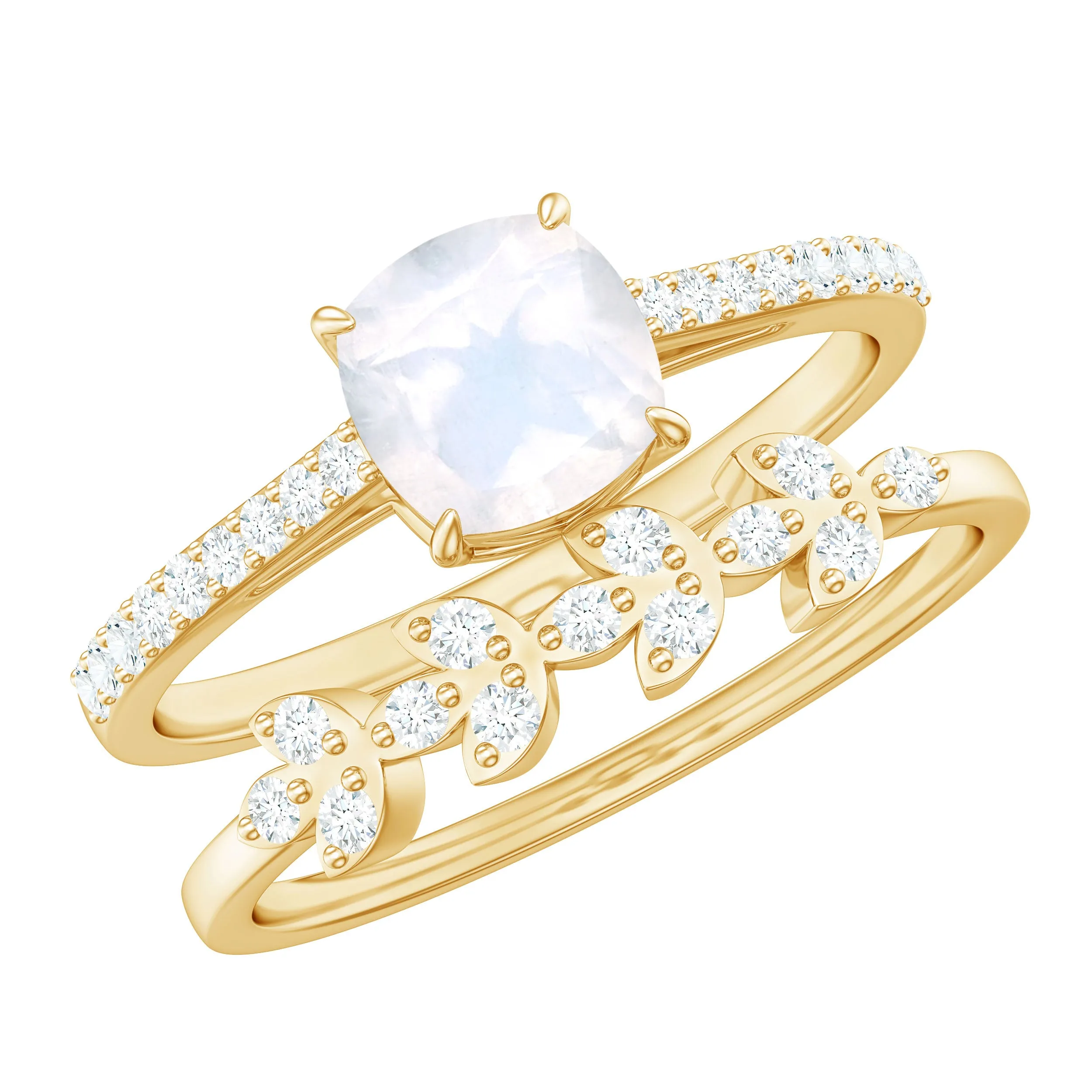 Cushion Cut Moonstone Stackable Ring Set with Diamond