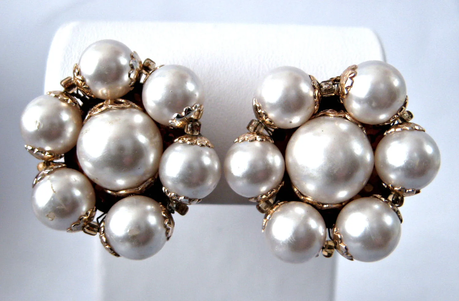 Earrings 1950s Faux Pearl Cluster Clip Gold Filigree Caps Glass Bead Spacers