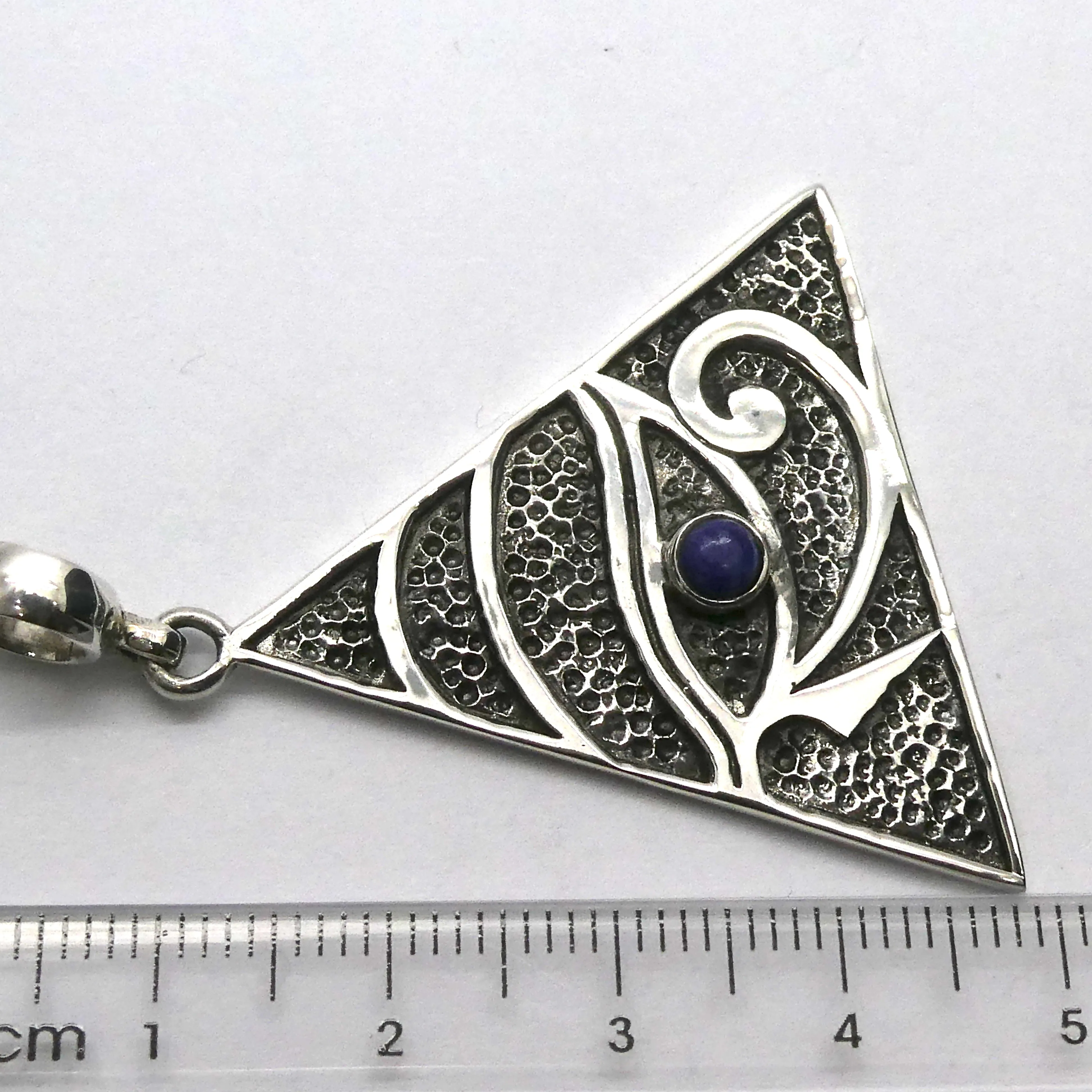 Eye of Horus  Pendant, Embossed Triangle with Lapis, 925 Sterling Silver