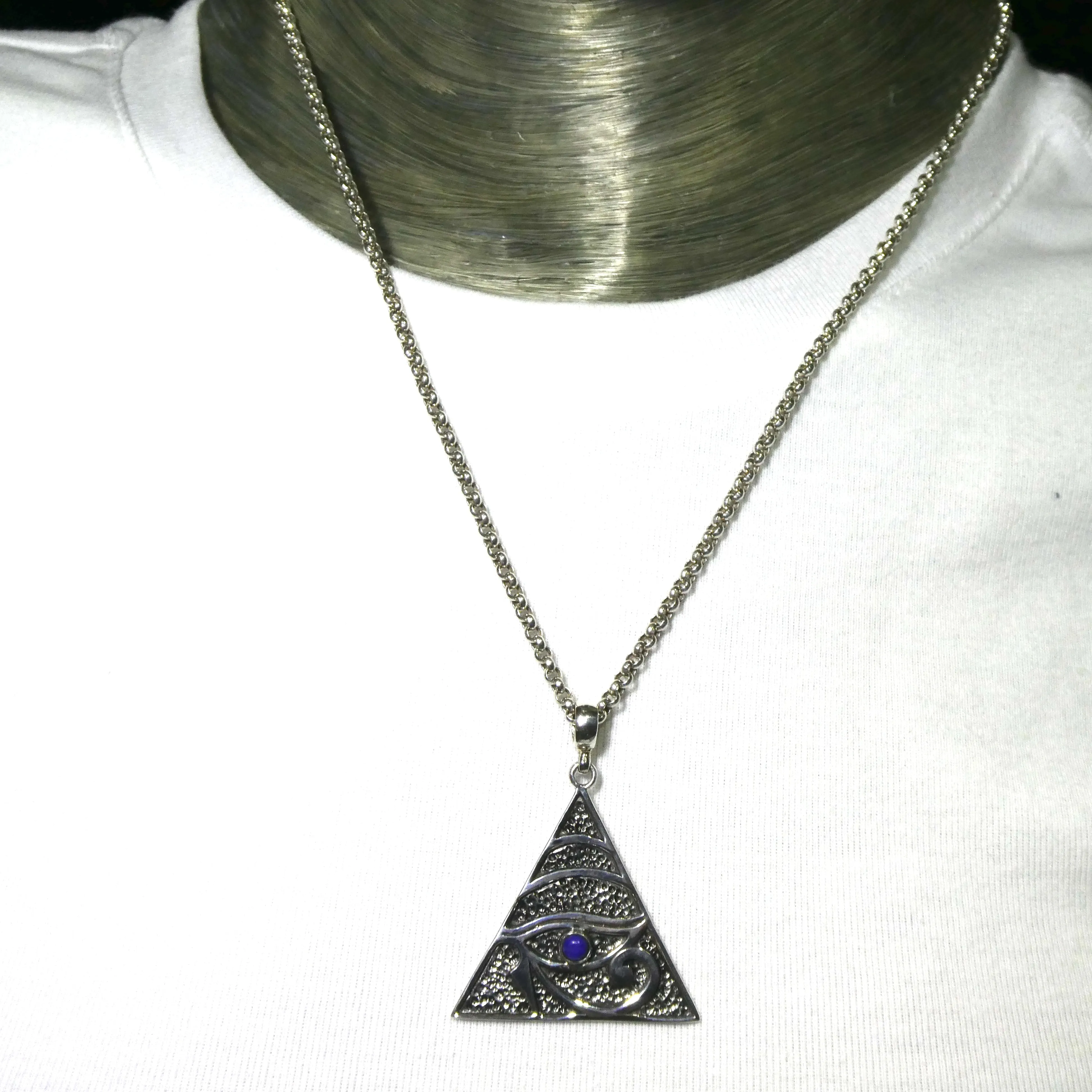 Eye of Horus  Pendant, Embossed Triangle with Lapis, 925 Sterling Silver