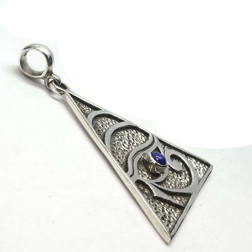Eye of Horus  Pendant, Embossed Triangle with Lapis, 925 Sterling Silver