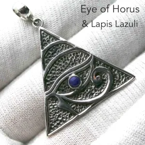 Eye of Horus  Pendant, Embossed Triangle with Lapis, 925 Sterling Silver