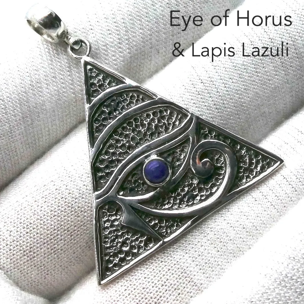 Eye of Horus  Pendant, Embossed Triangle with Lapis, 925 Sterling Silver