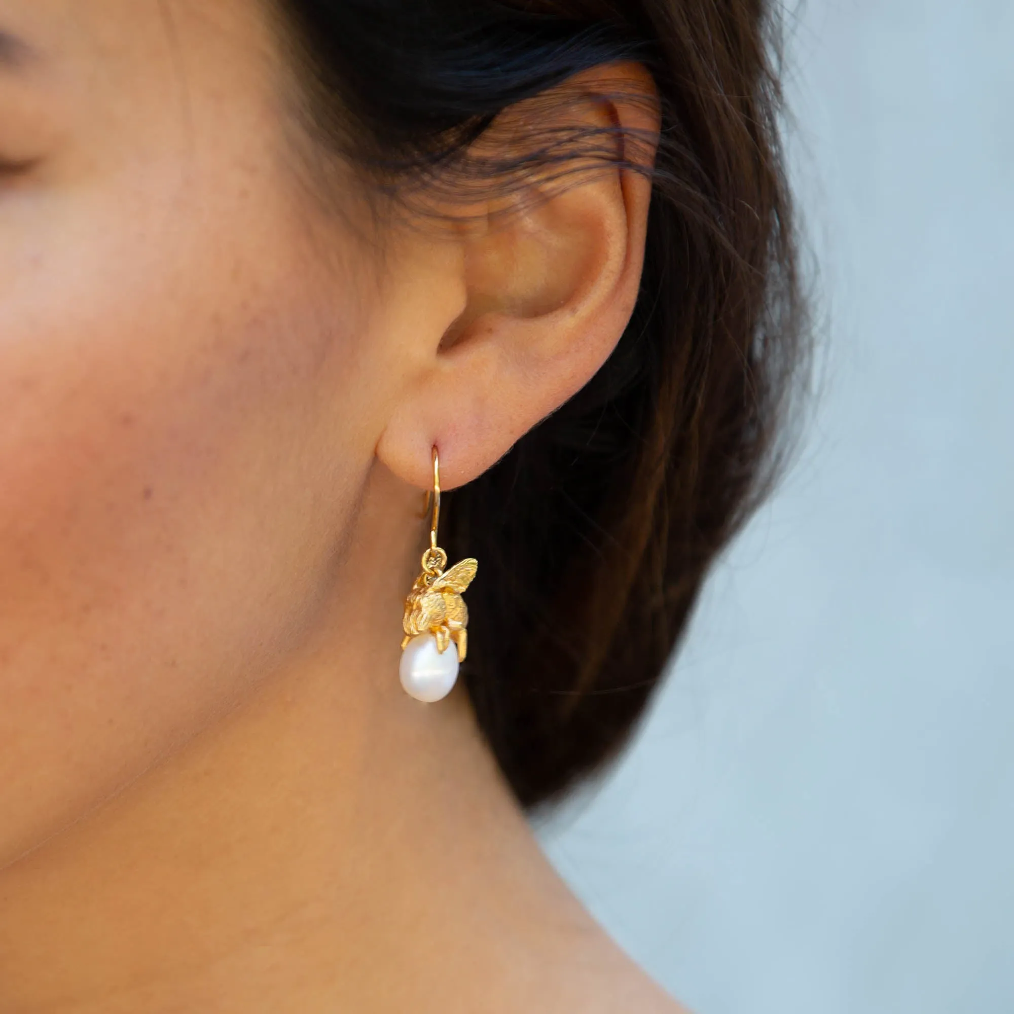 Gold Honeybee and Moonlight Pearl Earrings