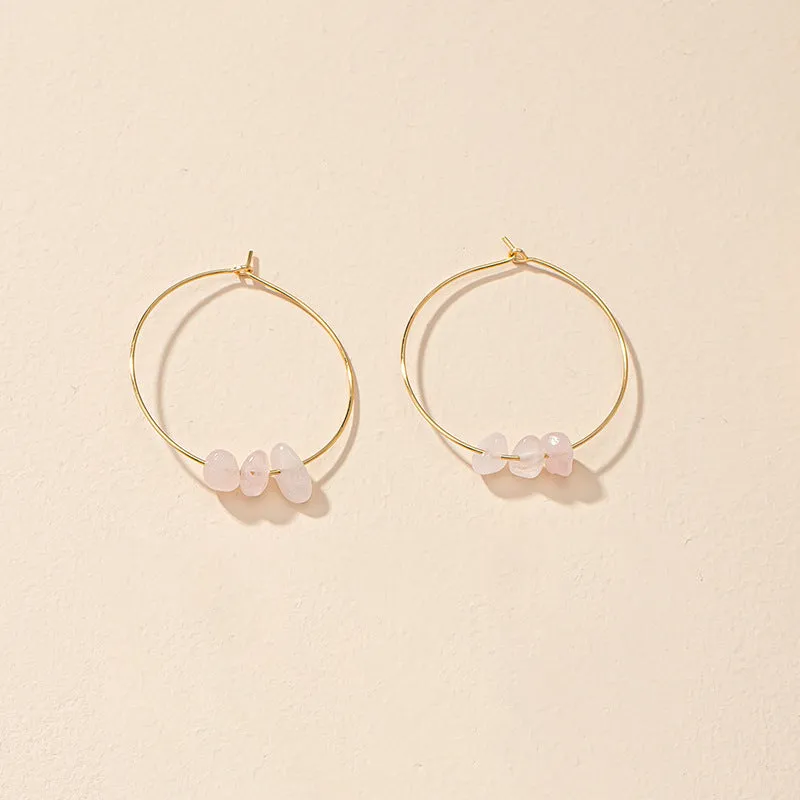 Gold Hoop Earrings with Rose Quartz Beads-jlt11803