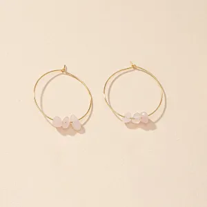 Gold Hoop Earrings with Rose Quartz Beads-jlt11803