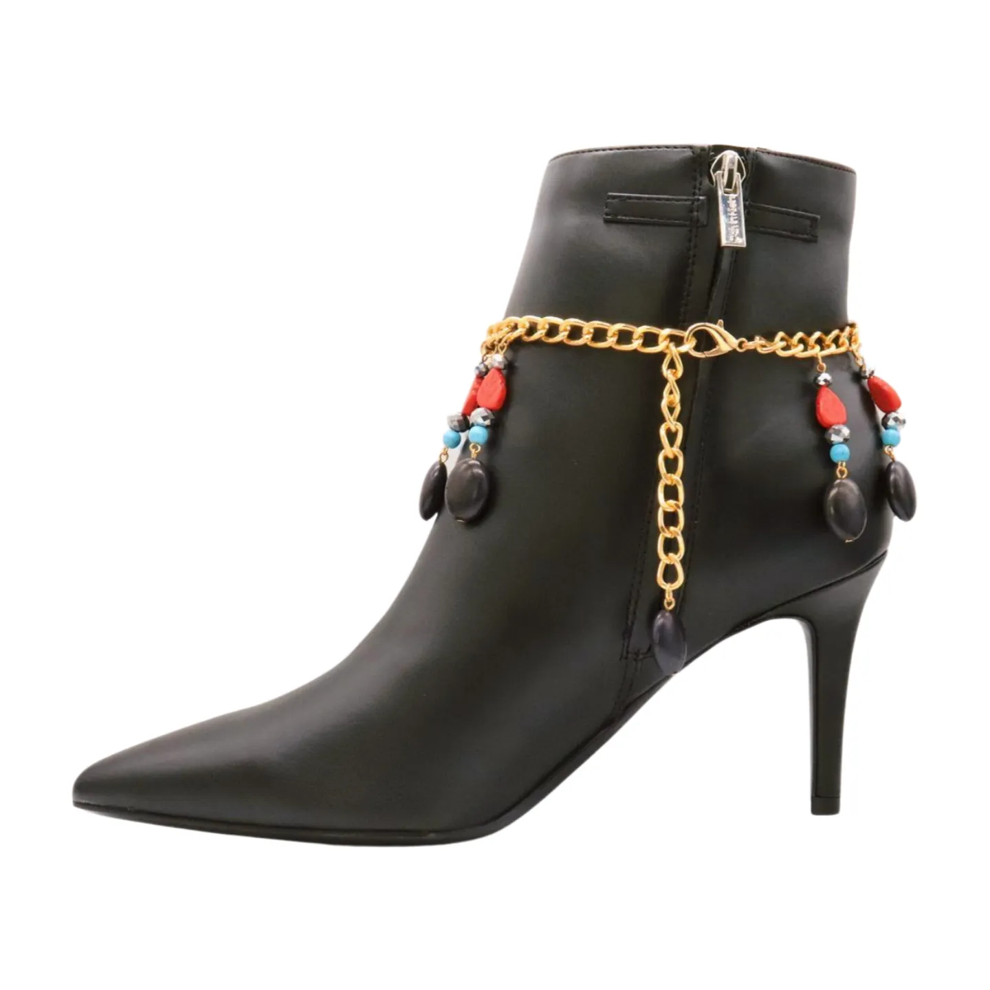Gold Metal Boot Chain Bracelet Shoe Red Turquoise Beads Charm