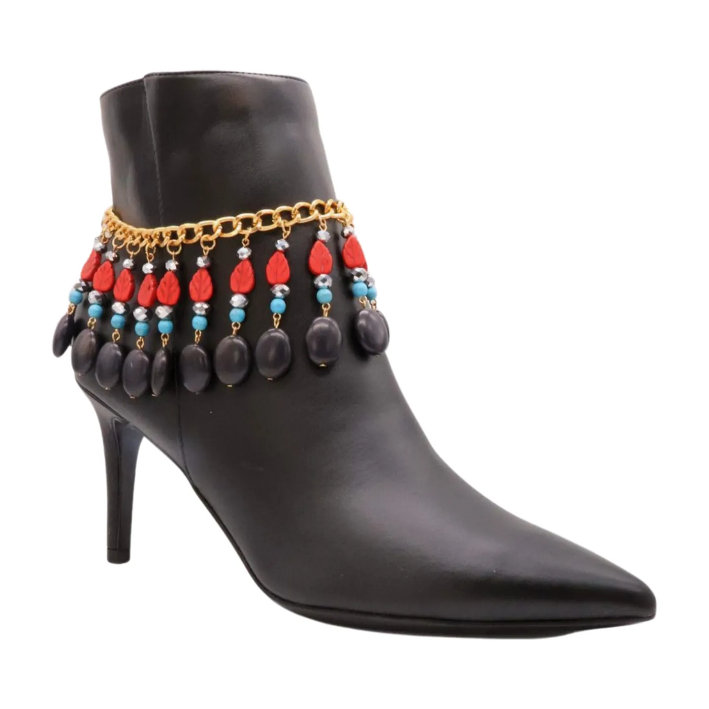 Gold Metal Boot Chain Bracelet Shoe Red Turquoise Beads Charm