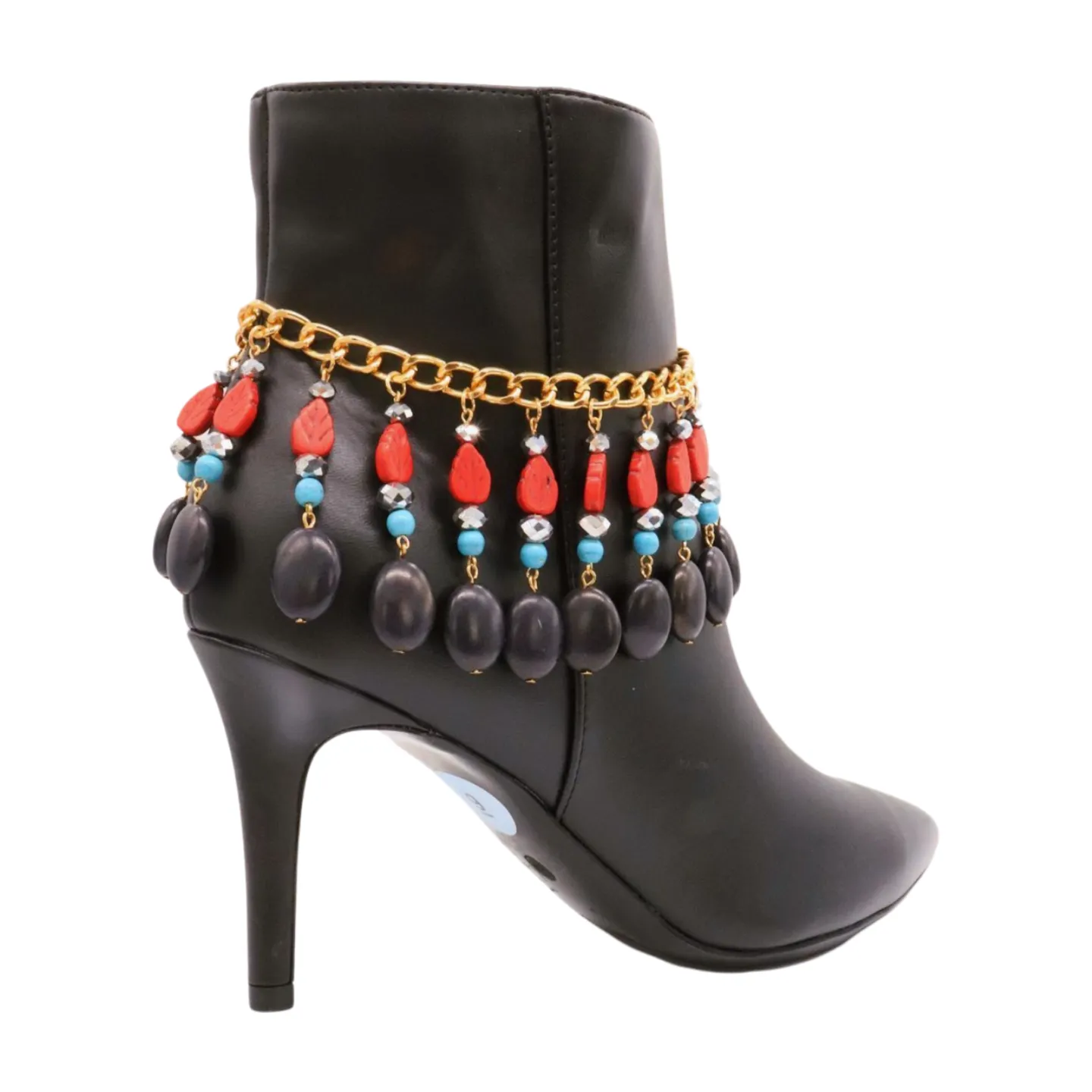 Gold Metal Boot Chain Bracelet Shoe Red Turquoise Beads Charm
