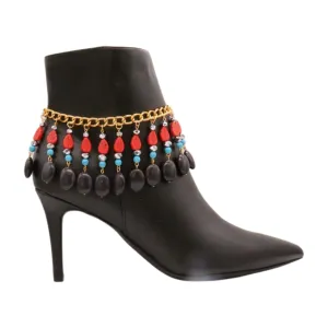 Gold Metal Boot Chain Bracelet Shoe Red Turquoise Beads Charm