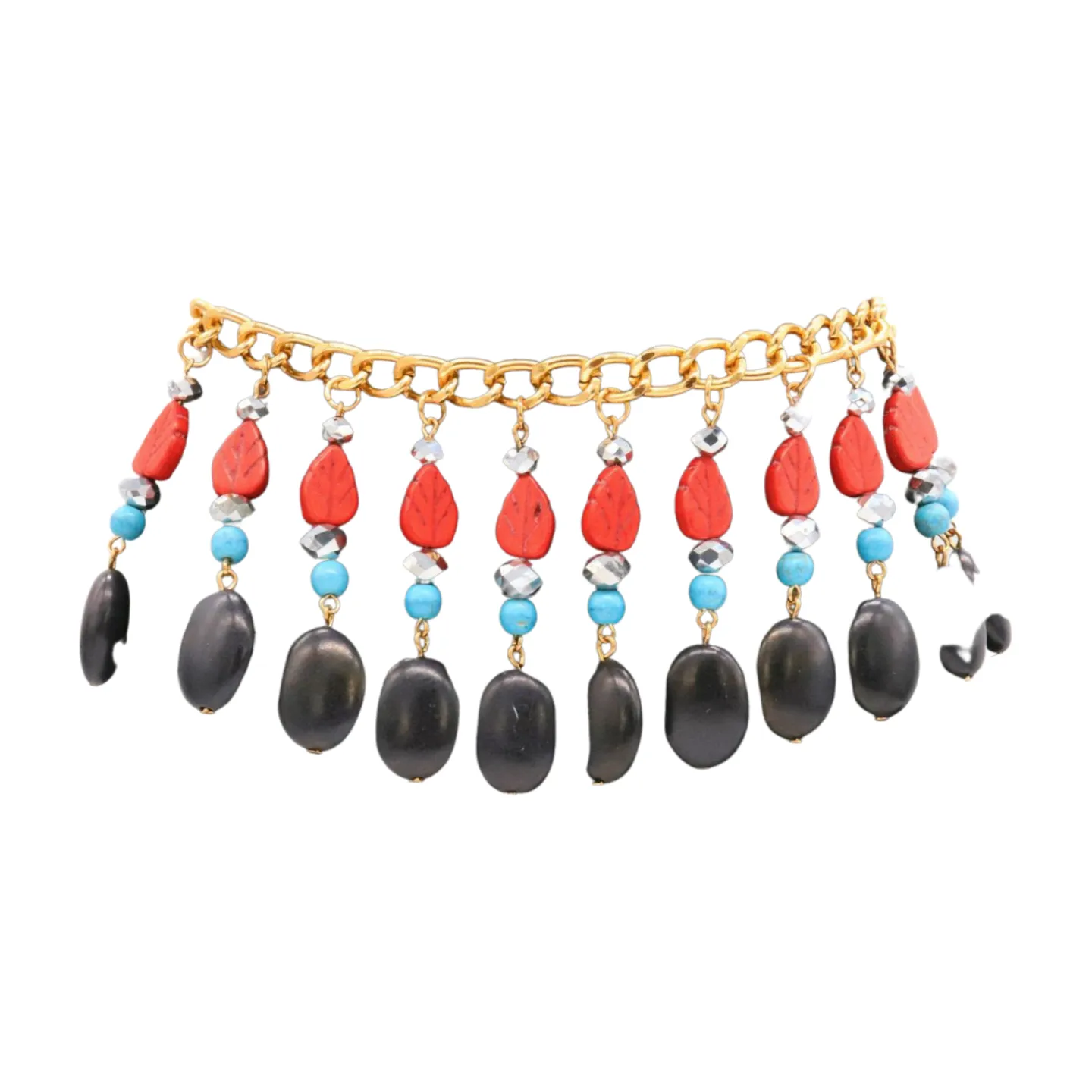 Gold Metal Boot Chain Bracelet Shoe Red Turquoise Beads Charm