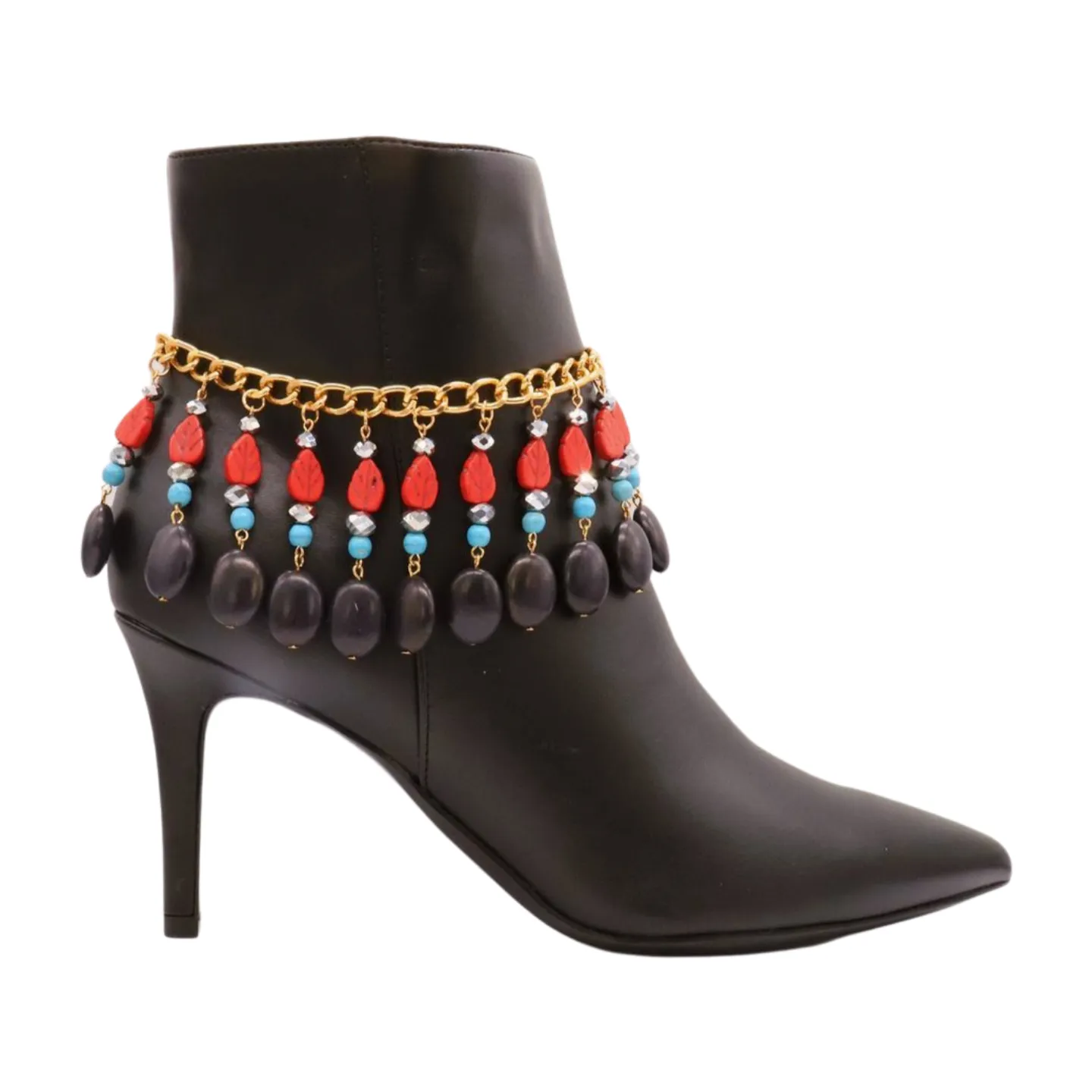 Gold Metal Boot Chain Bracelet Shoe Red Turquoise Beads Charm