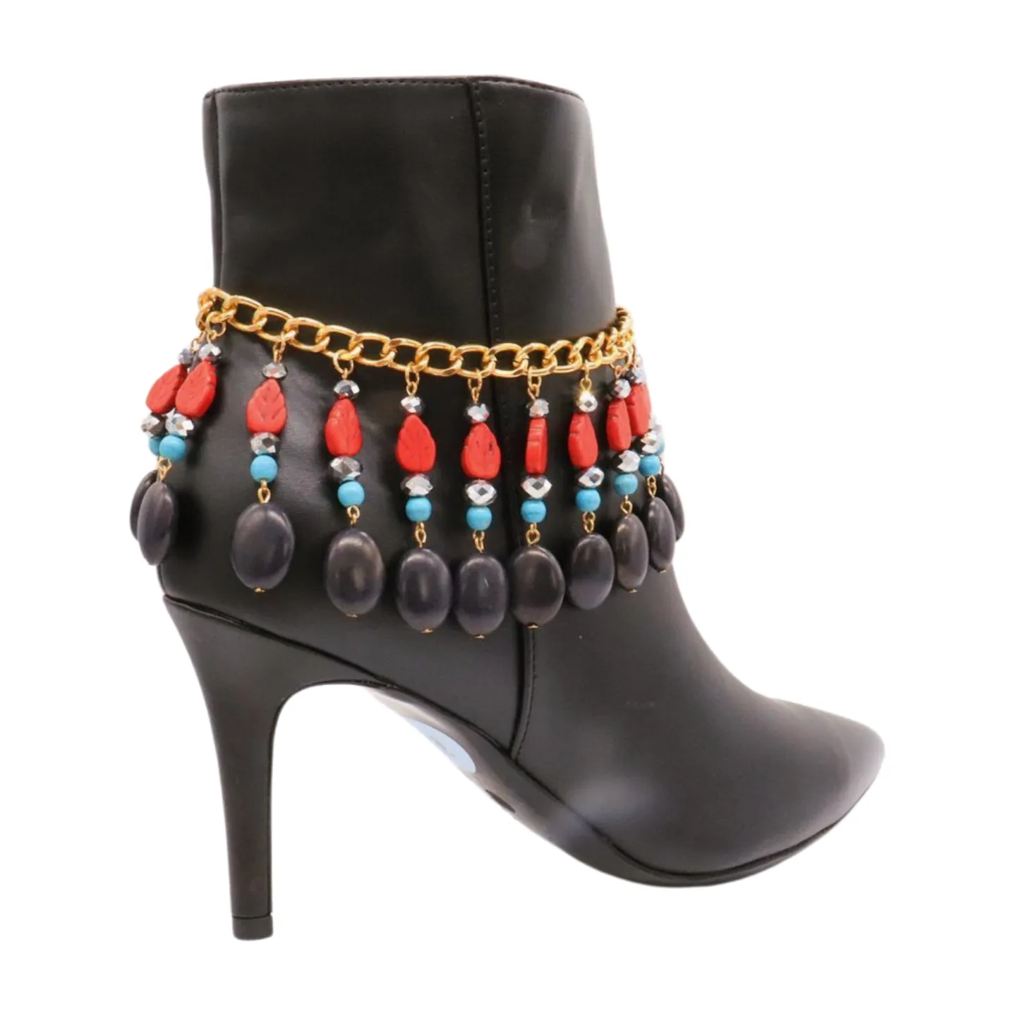 Gold Metal Boot Chain Bracelet Shoe Red Turquoise Beads Charm