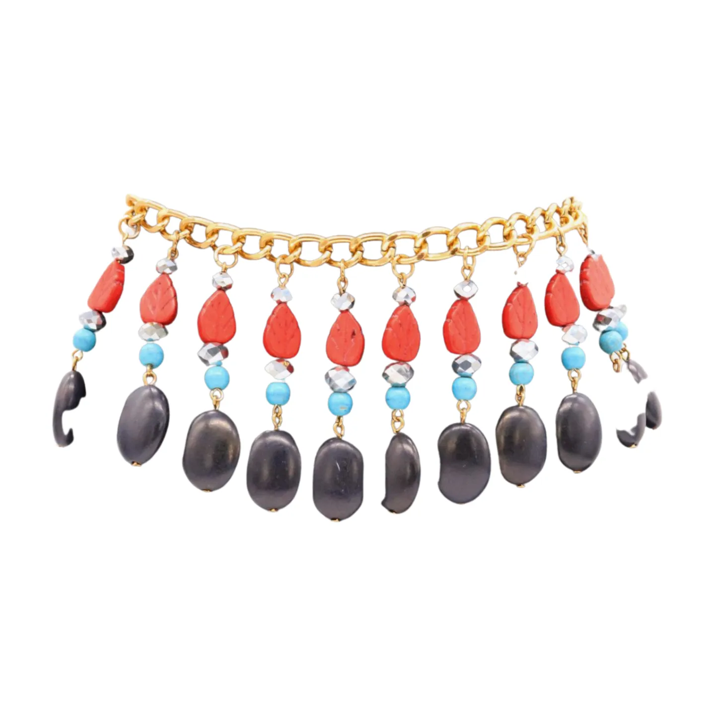 Gold Metal Boot Chain Bracelet Shoe Red Turquoise Beads Charm