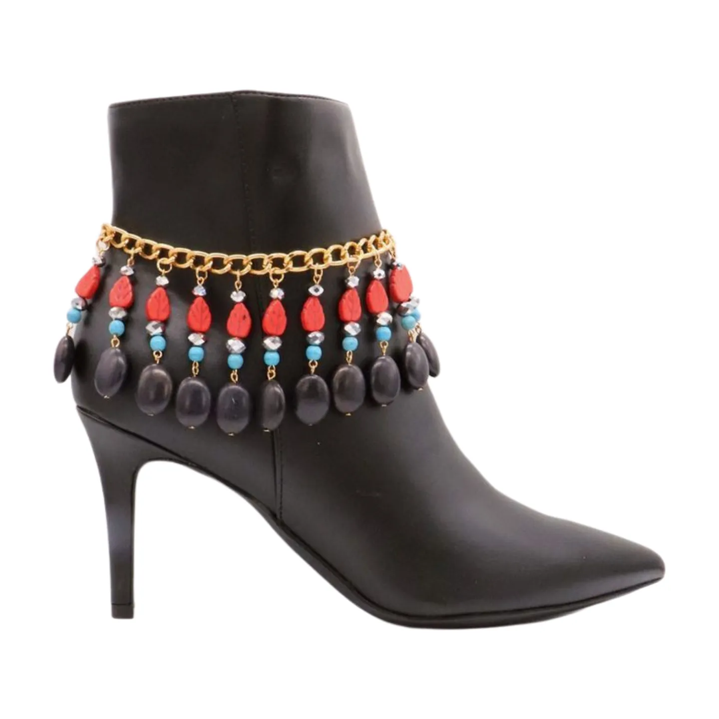 Gold Metal Boot Chain Bracelet Shoe Red Turquoise Beads Charm