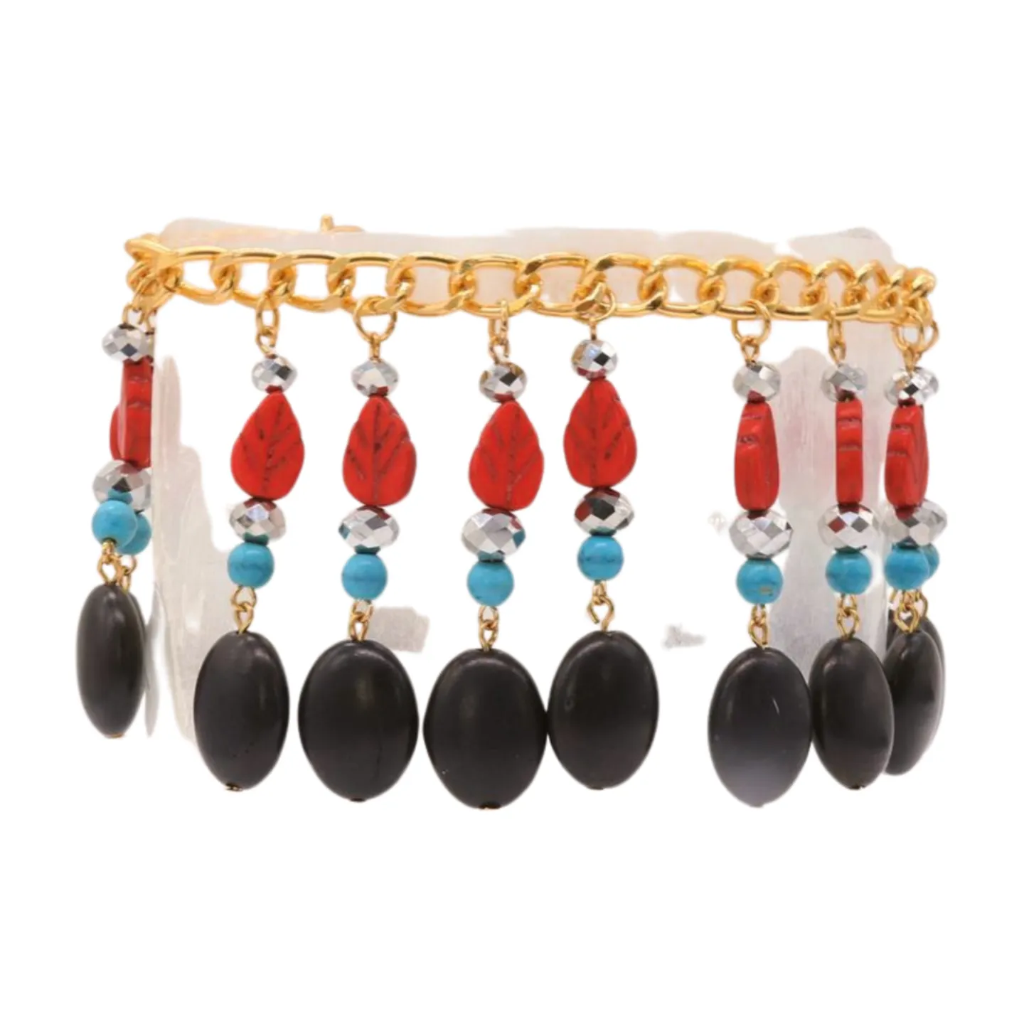 Gold Metal Boot Chain Bracelet Shoe Red Turquoise Beads Charm