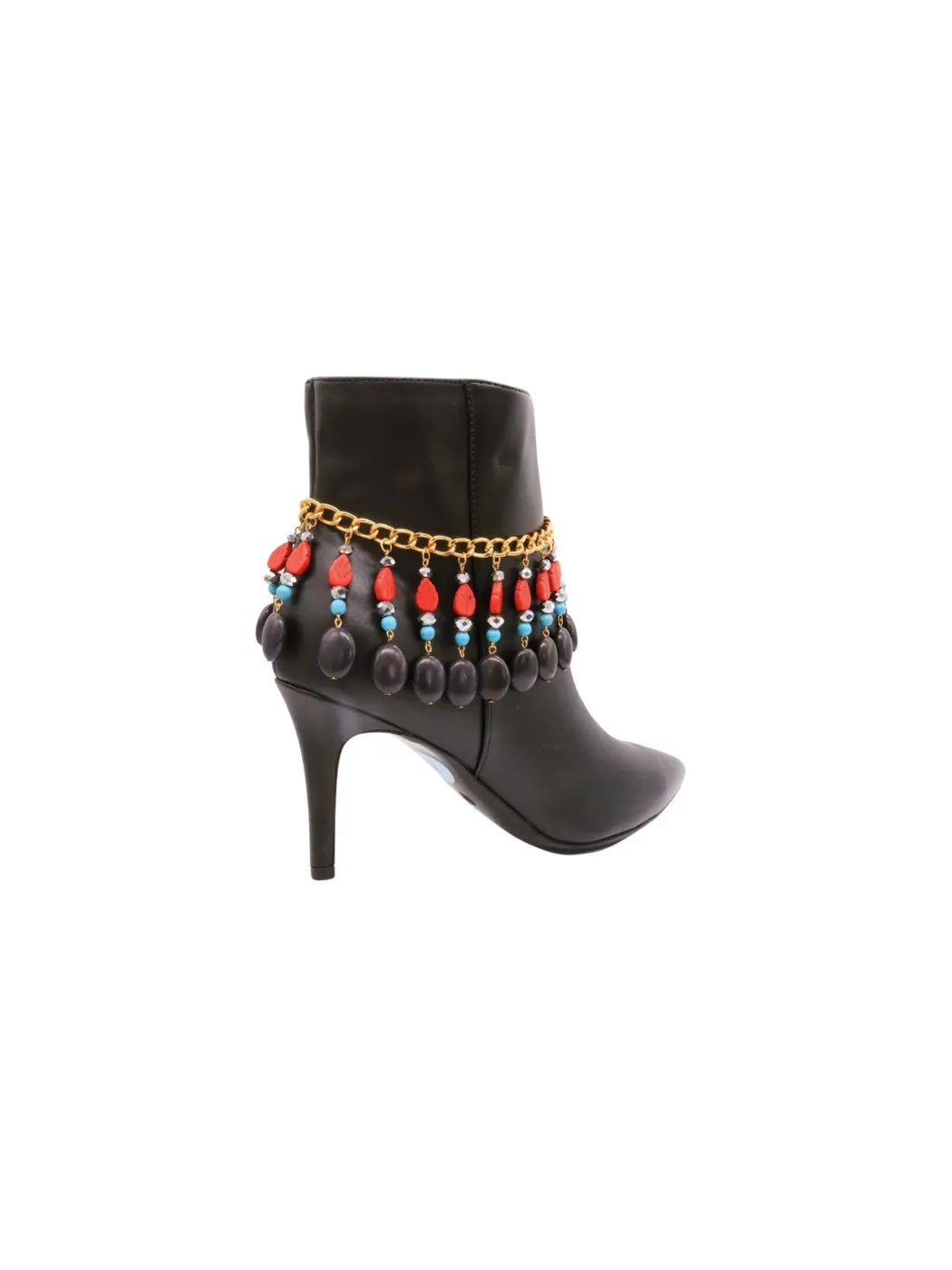Gold Metal Boot Chain Bracelet Shoe Red Turquoise Beads Charm