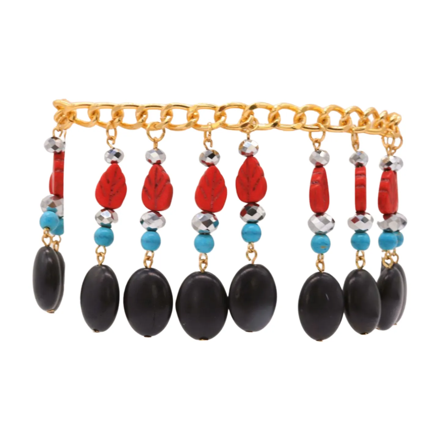 Gold Metal Boot Chain Bracelet Shoe Red Turquoise Beads Charm