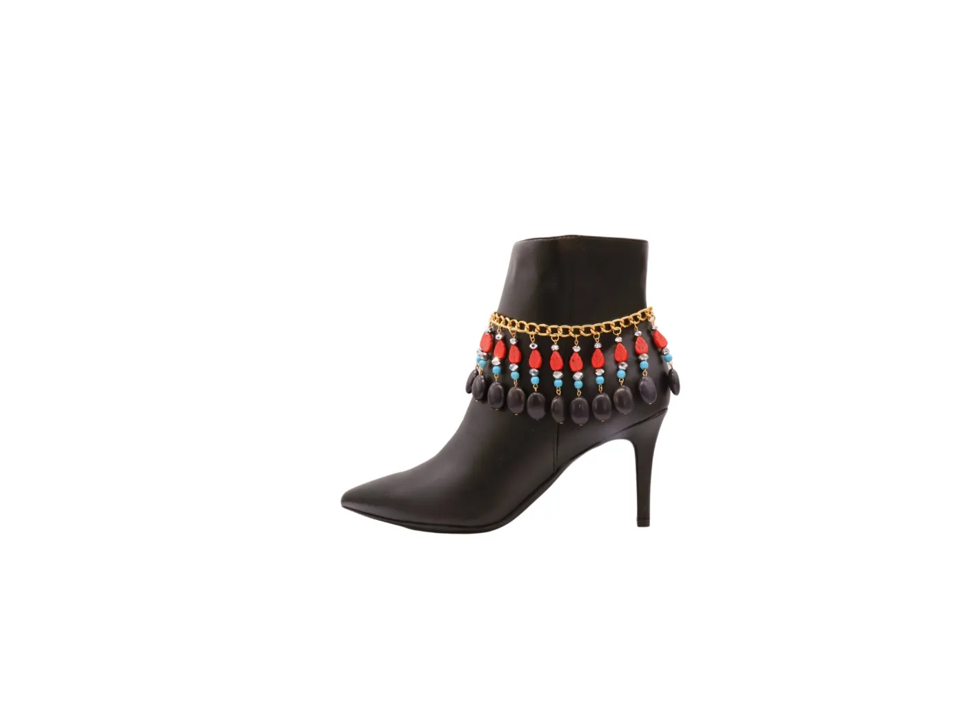 Gold Metal Boot Chain Bracelet Shoe Red Turquoise Beads Charm