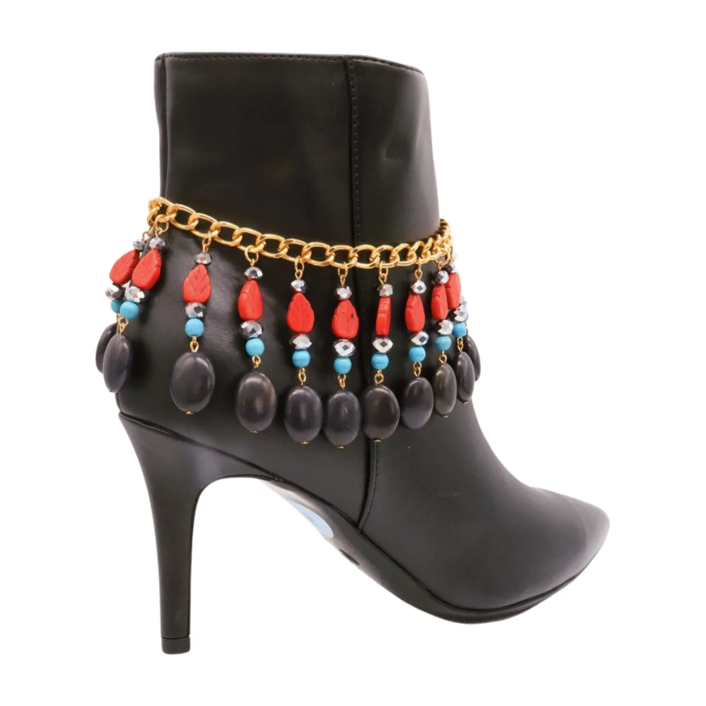 Gold Metal Boot Chain Bracelet Shoe Red Turquoise Beads Charm