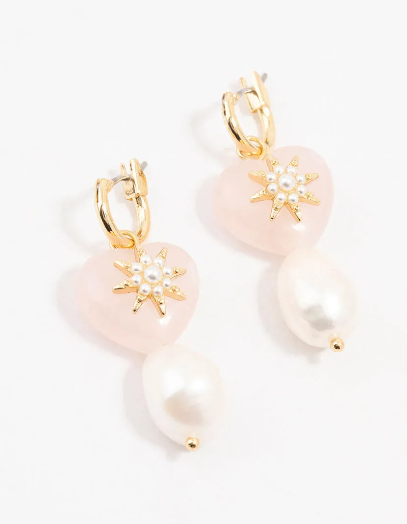 Gold Plated Semiprecious Rose Quartz Heart & Pearl Earrings