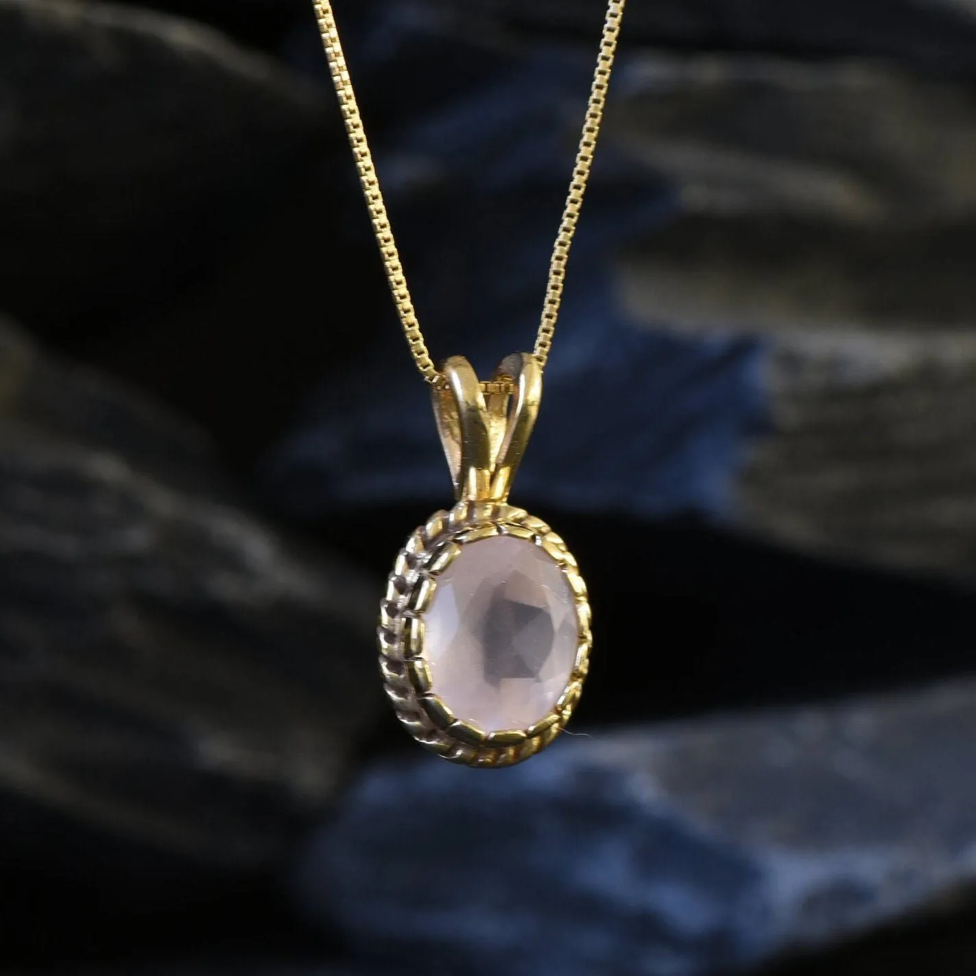Gold Quartz Pendant - Natural Rose Quartz Necklace, Pink Vintage Pendant