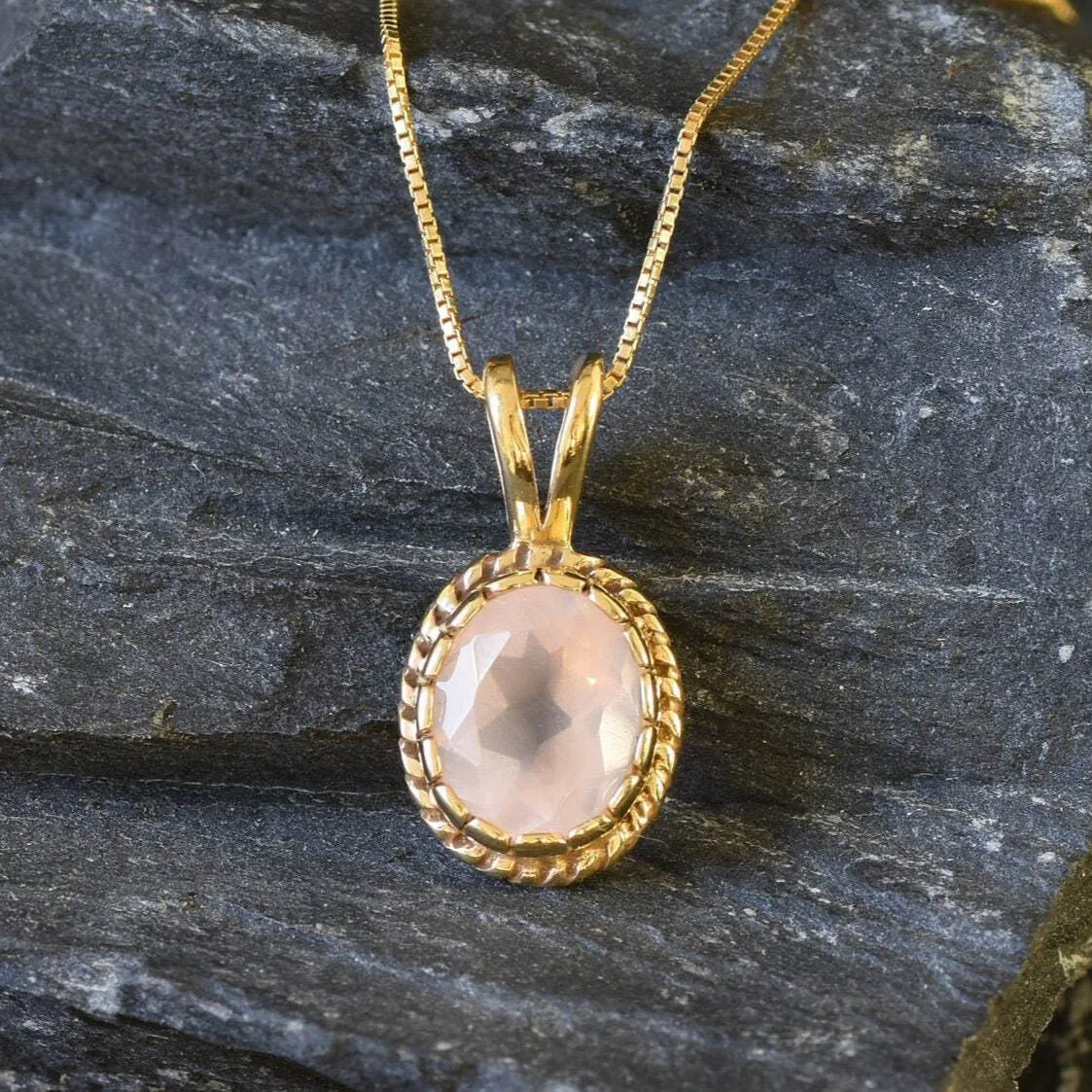 Gold Quartz Pendant - Natural Rose Quartz Necklace, Pink Vintage Pendant