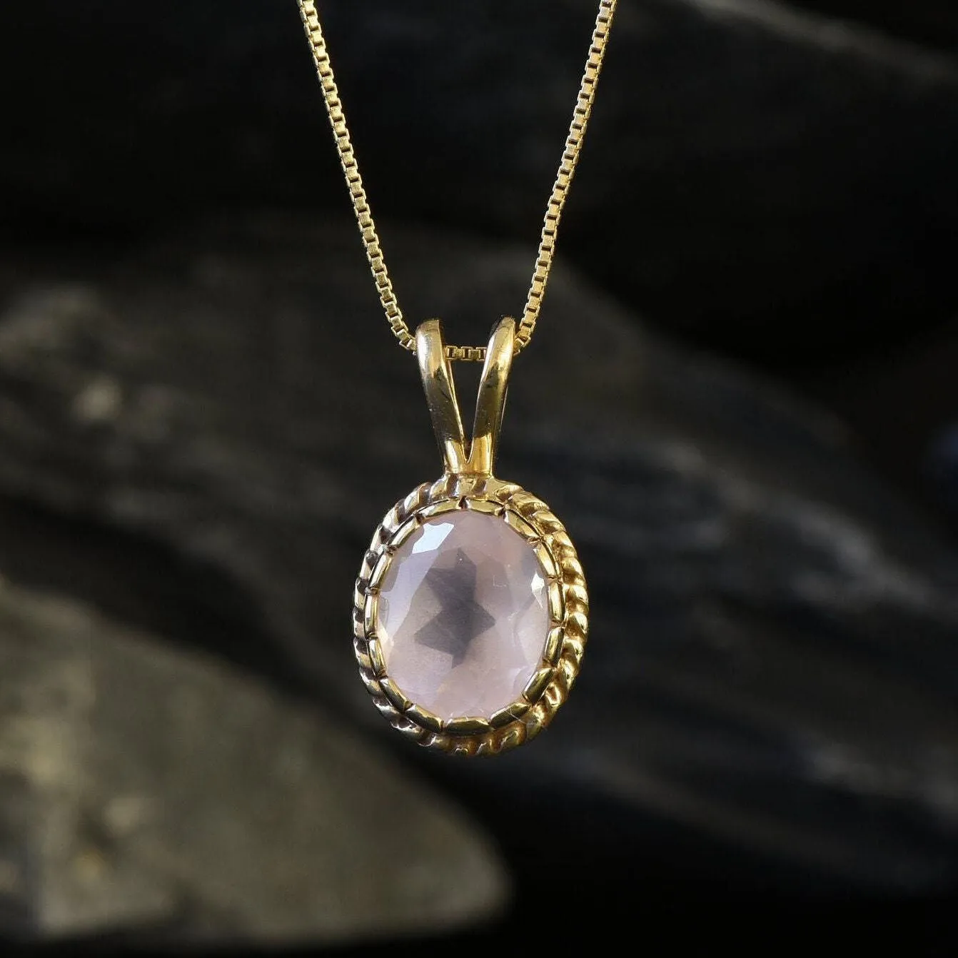 Gold Quartz Pendant - Natural Rose Quartz Necklace, Pink Vintage Pendant