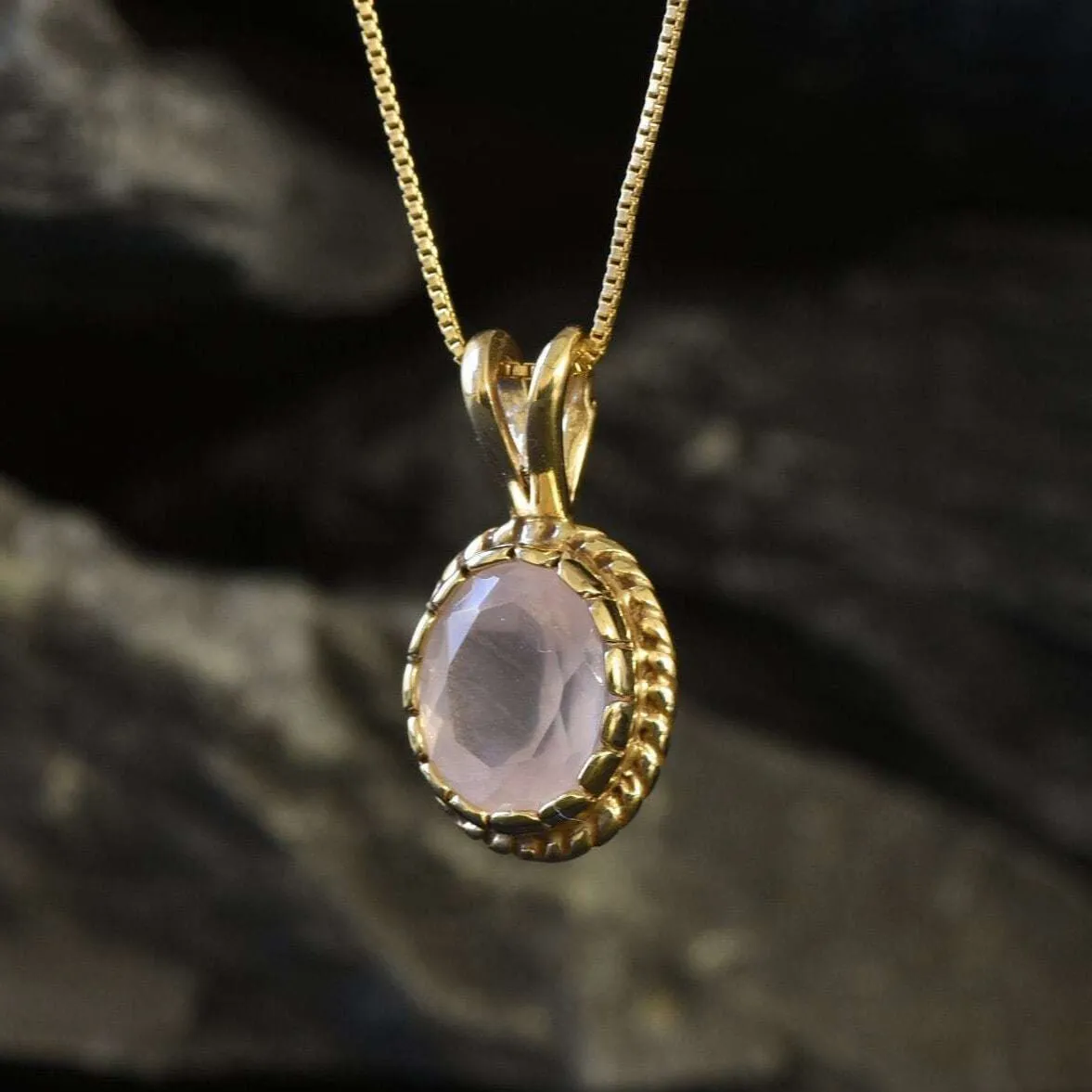 Gold Quartz Pendant - Natural Rose Quartz Necklace, Pink Vintage Pendant