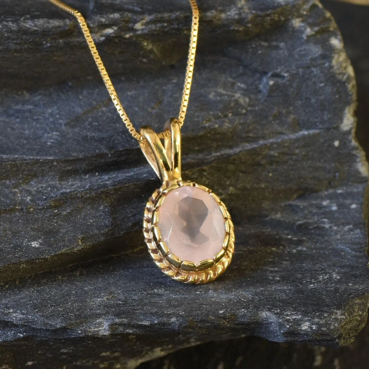 Gold Quartz Pendant - Natural Rose Quartz Necklace, Pink Vintage Pendant