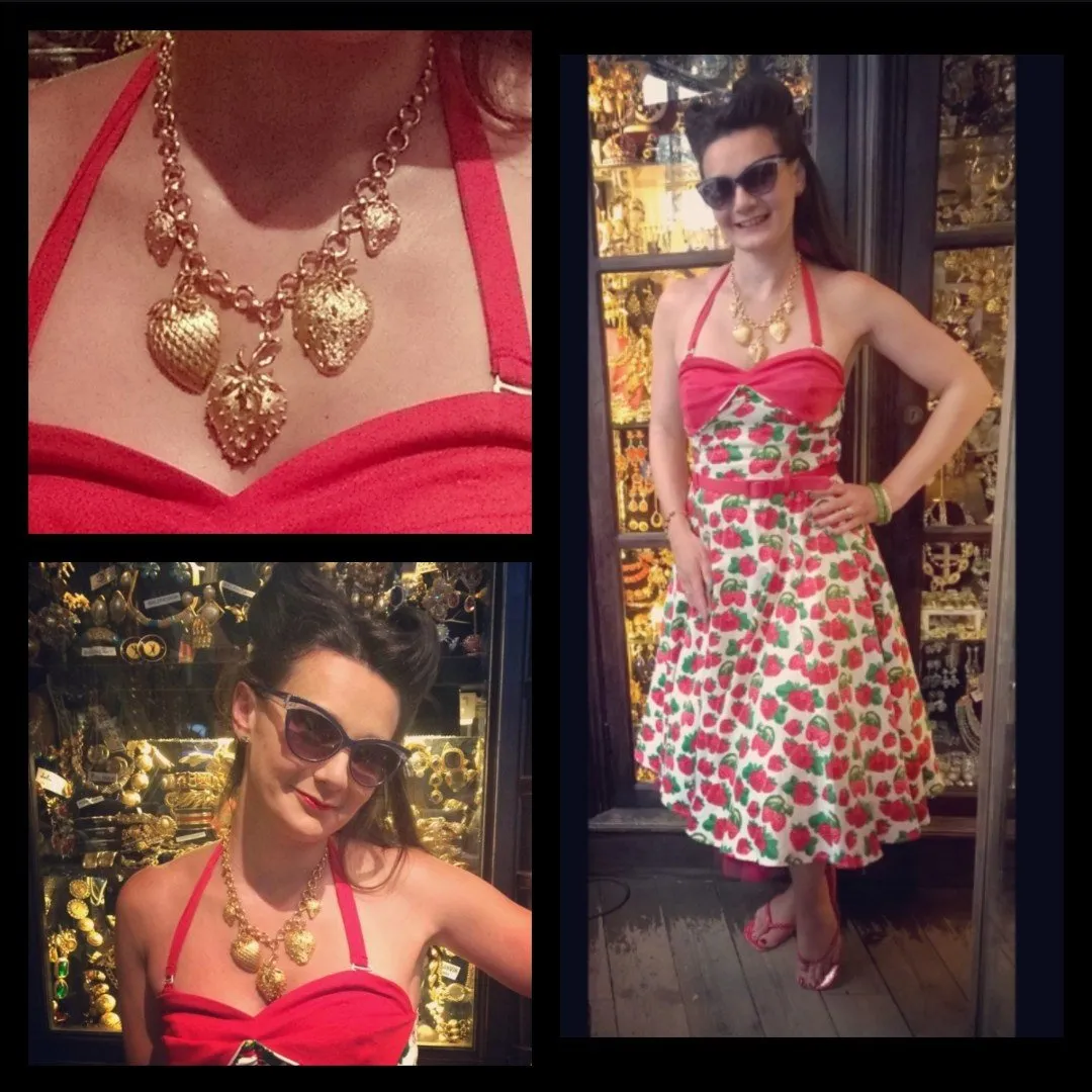 Gold Strawberry Necklace Vintage Style Fruit Charms