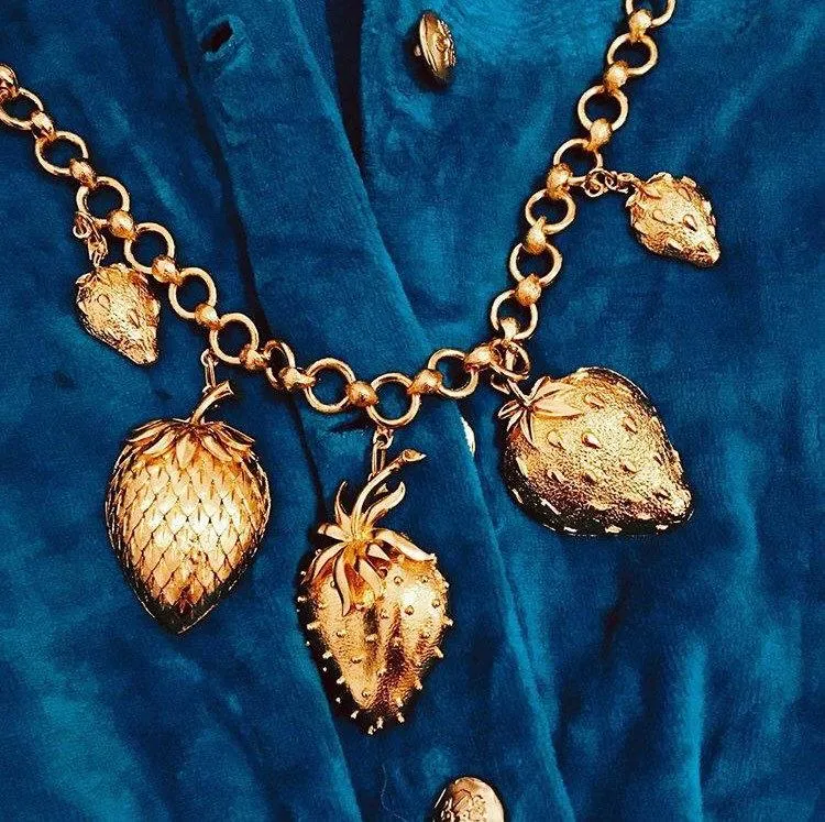 Gold Strawberry Necklace Vintage Style Fruit Charms
