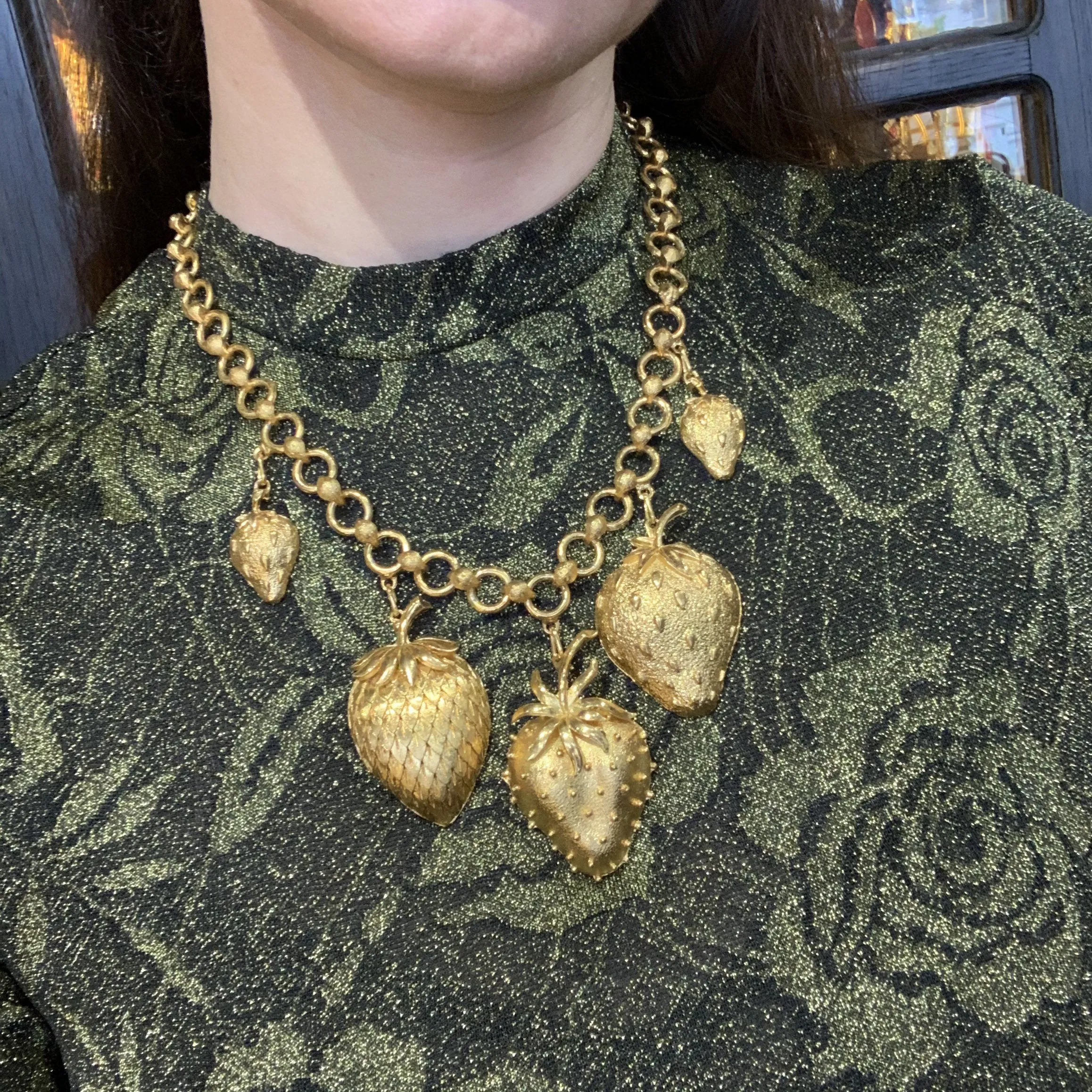 Gold Strawberry Necklace Vintage Style Fruit Charms