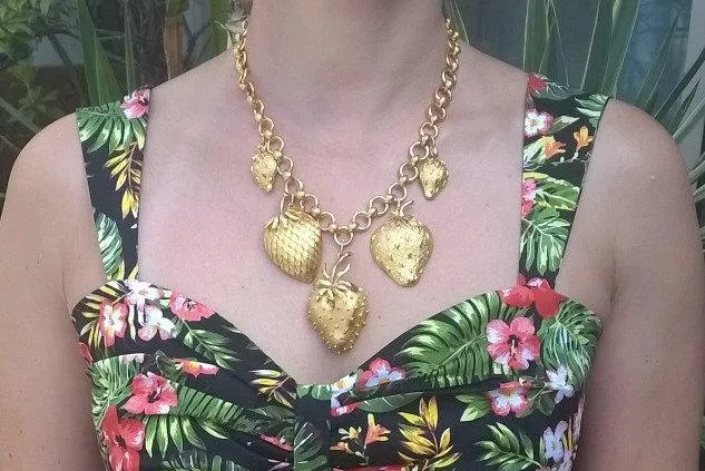 Gold Strawberry Necklace Vintage Style Fruit Charms