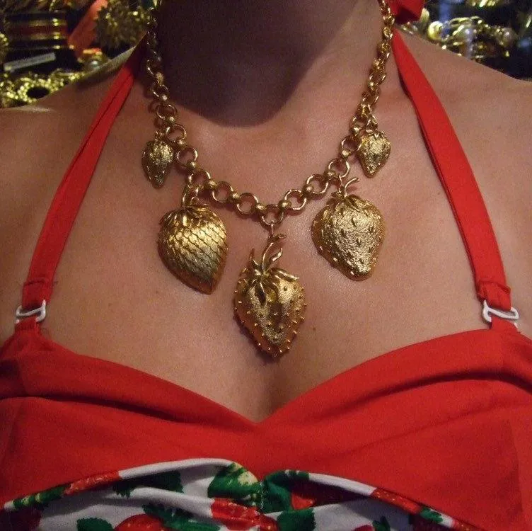 Gold Strawberry Necklace Vintage Style Fruit Charms
