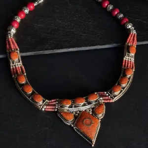 Handmade Coral Inlay Tibetan Silver Himalayan Necklace Jewellery