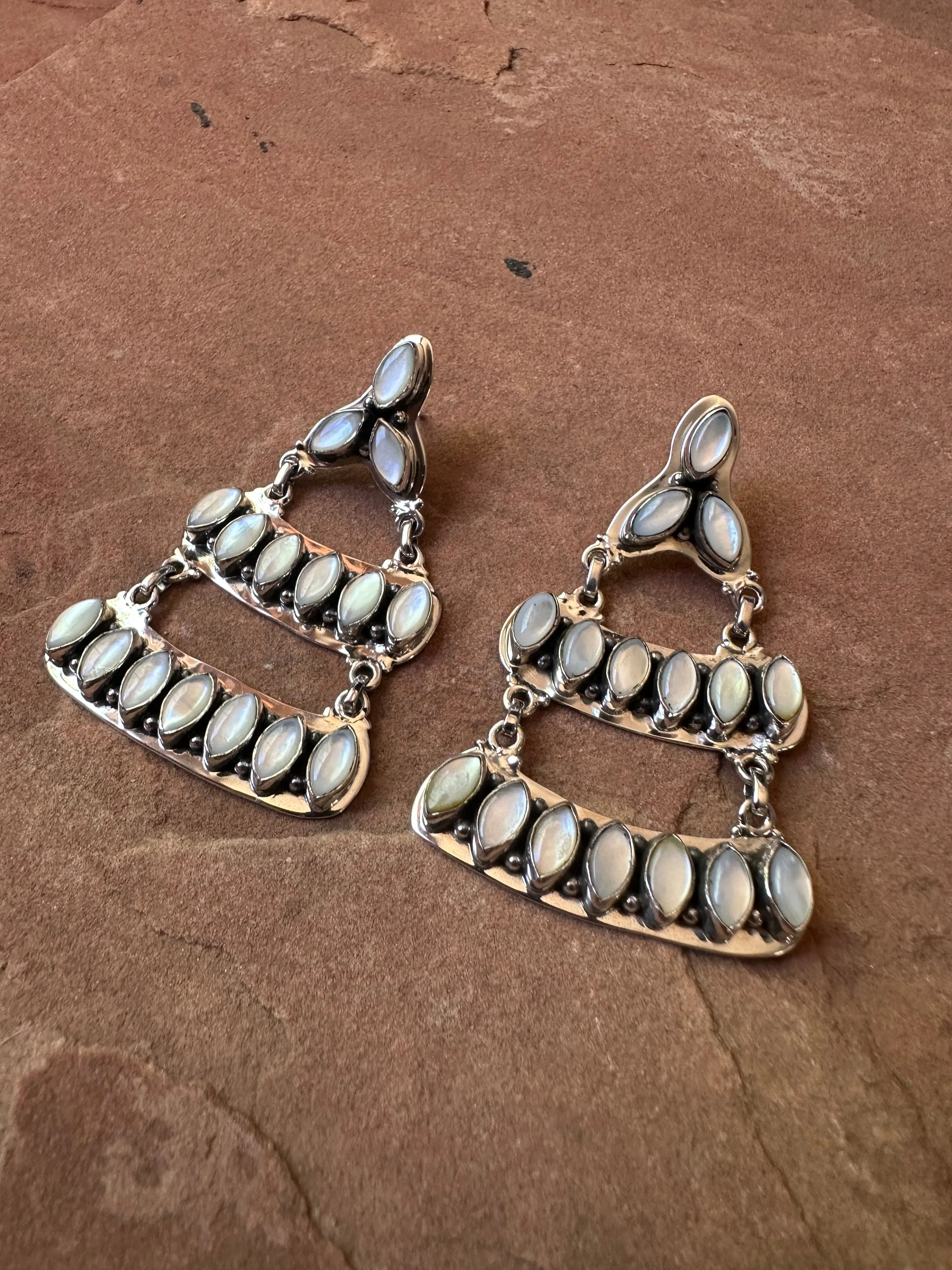 Handmade Mother of Pearl And Sterling Silver Dangle Earrings Signed Nizhoni