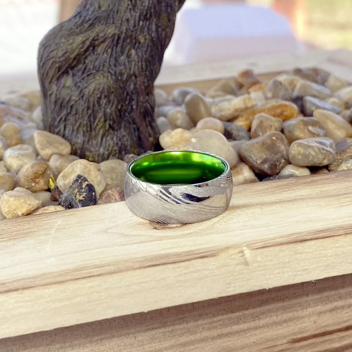 HULK | Green Ring, Silver Damascus Steel, Domed