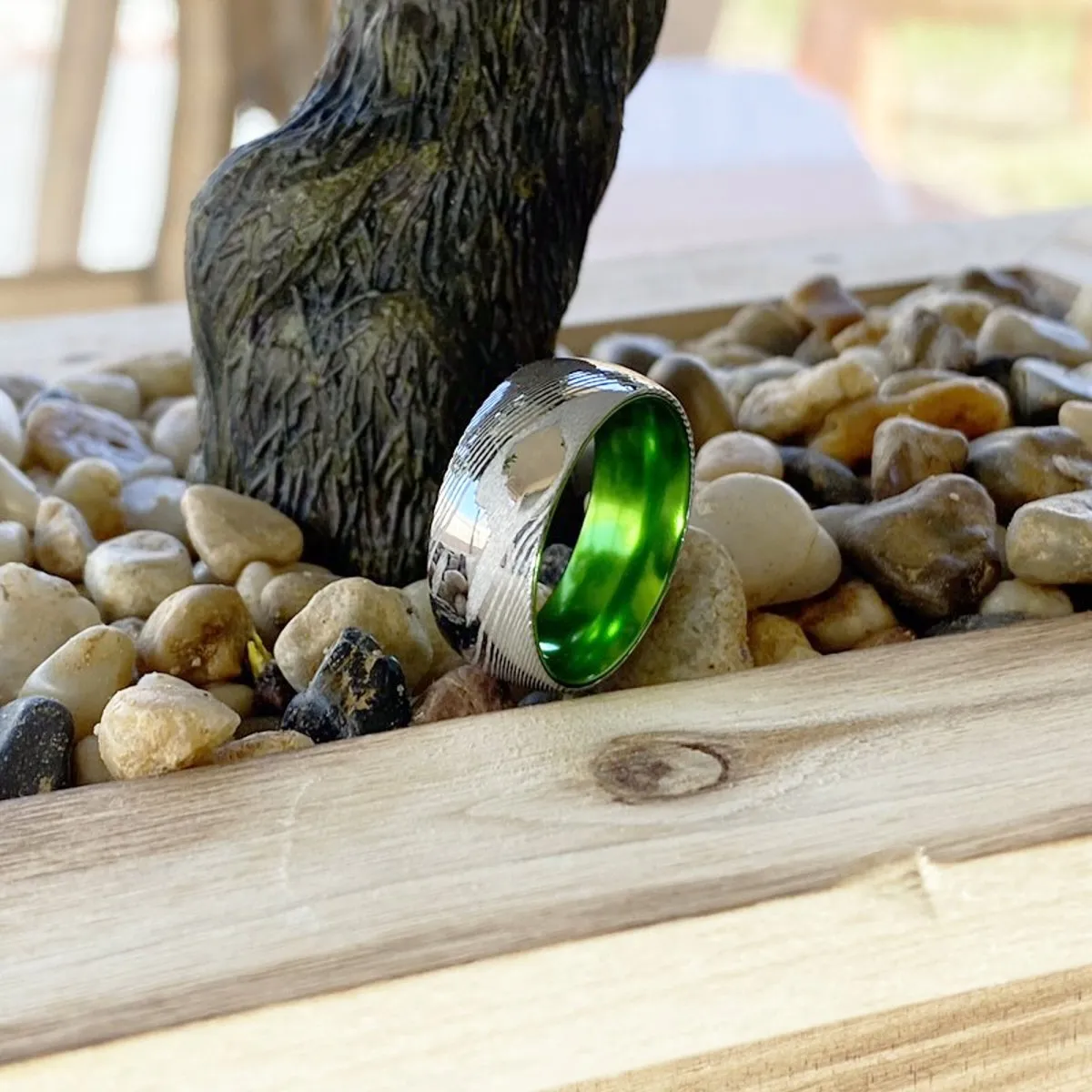 HULK | Green Ring, Silver Damascus Steel, Domed