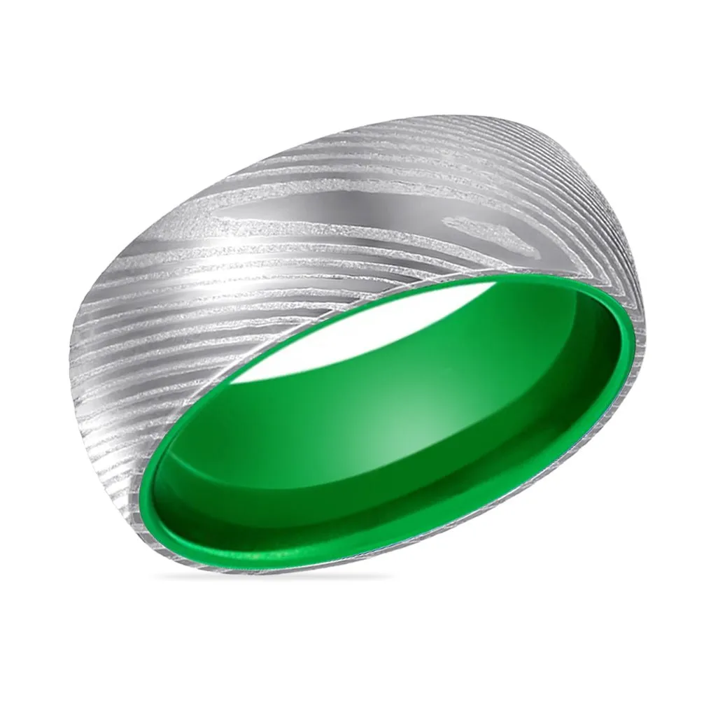 HULK | Green Ring, Silver Damascus Steel, Domed