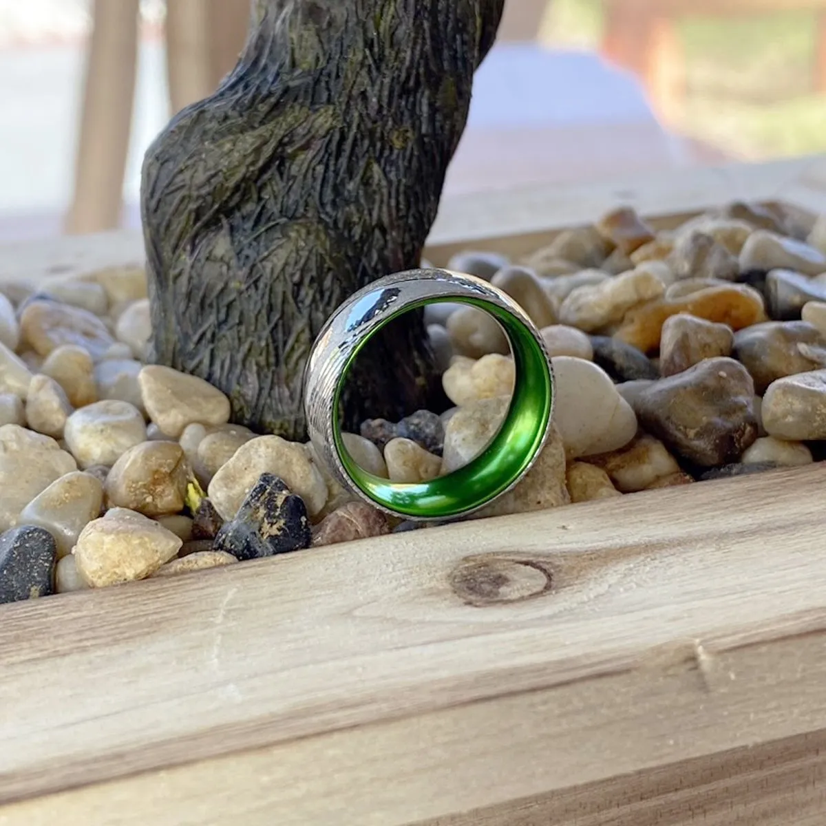 HULK | Green Ring, Silver Damascus Steel, Domed