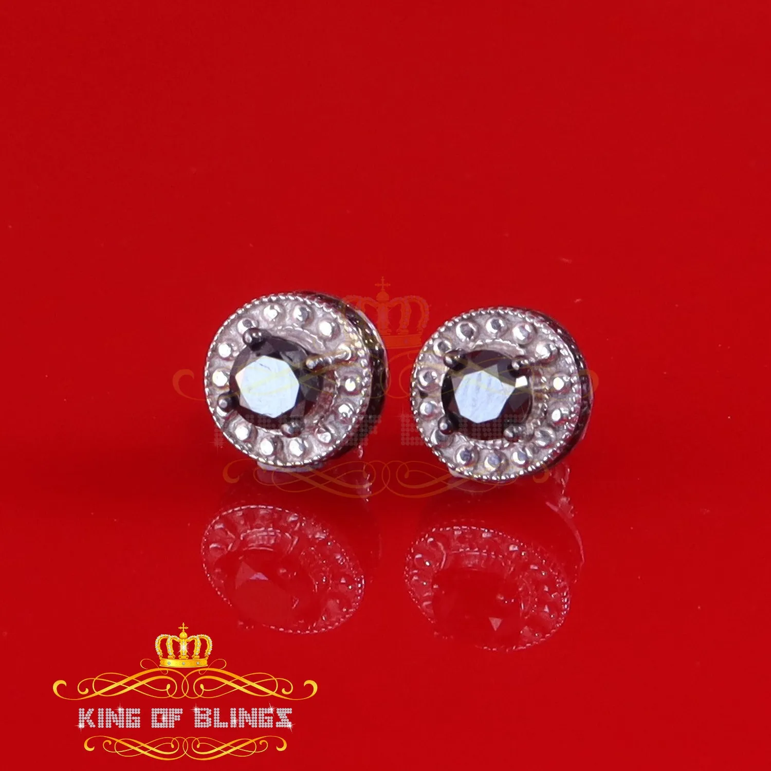 King Of Bling's 0.75ct Black Diamond 925 Silver White for Men's/Womens Stud Round Halo Earrings