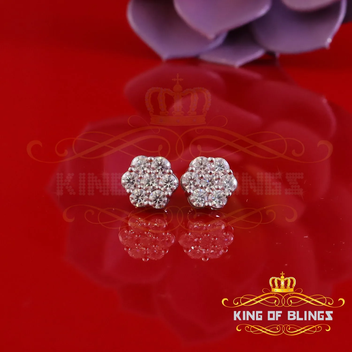 King of Bling's New Men's/Women's 925 Silver White 2.25ct VVS 'D' Moissanite flower Stud Earrings